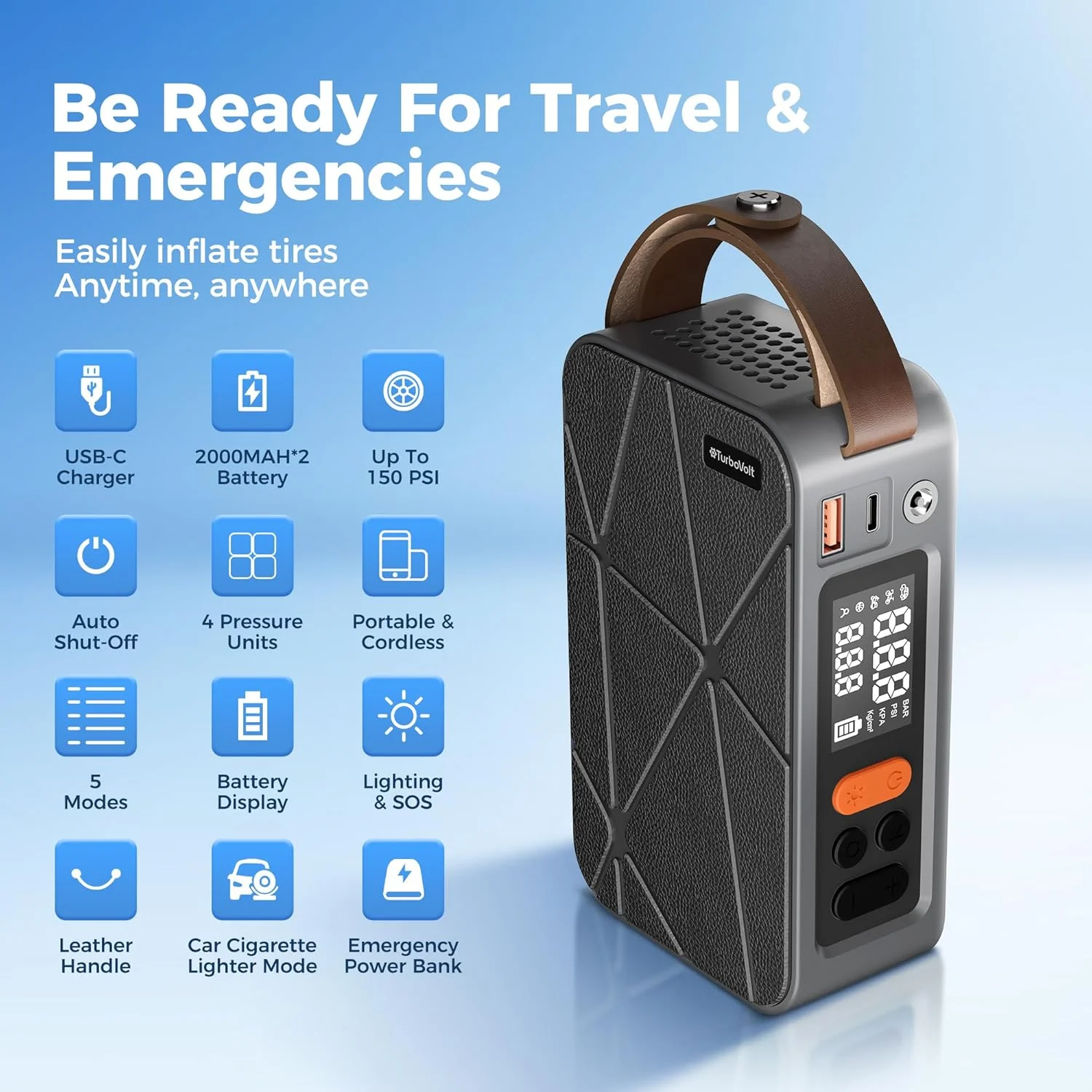 پمپ باد تایر TurboVolt، کمپرسور هوای قابل حمل 150 PSI برای باد کردن سریع تایر، پمپ باد تایر بی سیم با گیج نمایشگر دوگانه، ایده آل برای اتومبیل، SUV و موتور سیکلت پمپ باد تایر TurboVolt، کمپرسور هوای قابل حمل 150 PSI برای باد کردن سریع تایر، پمپ باد تایر بی سیم با گیج نمایشگر دوگانه، ایده آل برای اتومبیل، SUV و موتور سیکلت