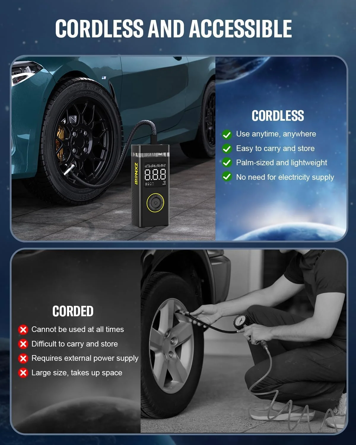 پمپ باد قابل حمل، کمپرسور هوا 180PSI 20000mAh برای خودرو، بی سیم با درجه فشار، 4 برابر تندتر با چراغ های دوتایی برای اتومبیل، دوچرخه، موتور سیکلت، توپ