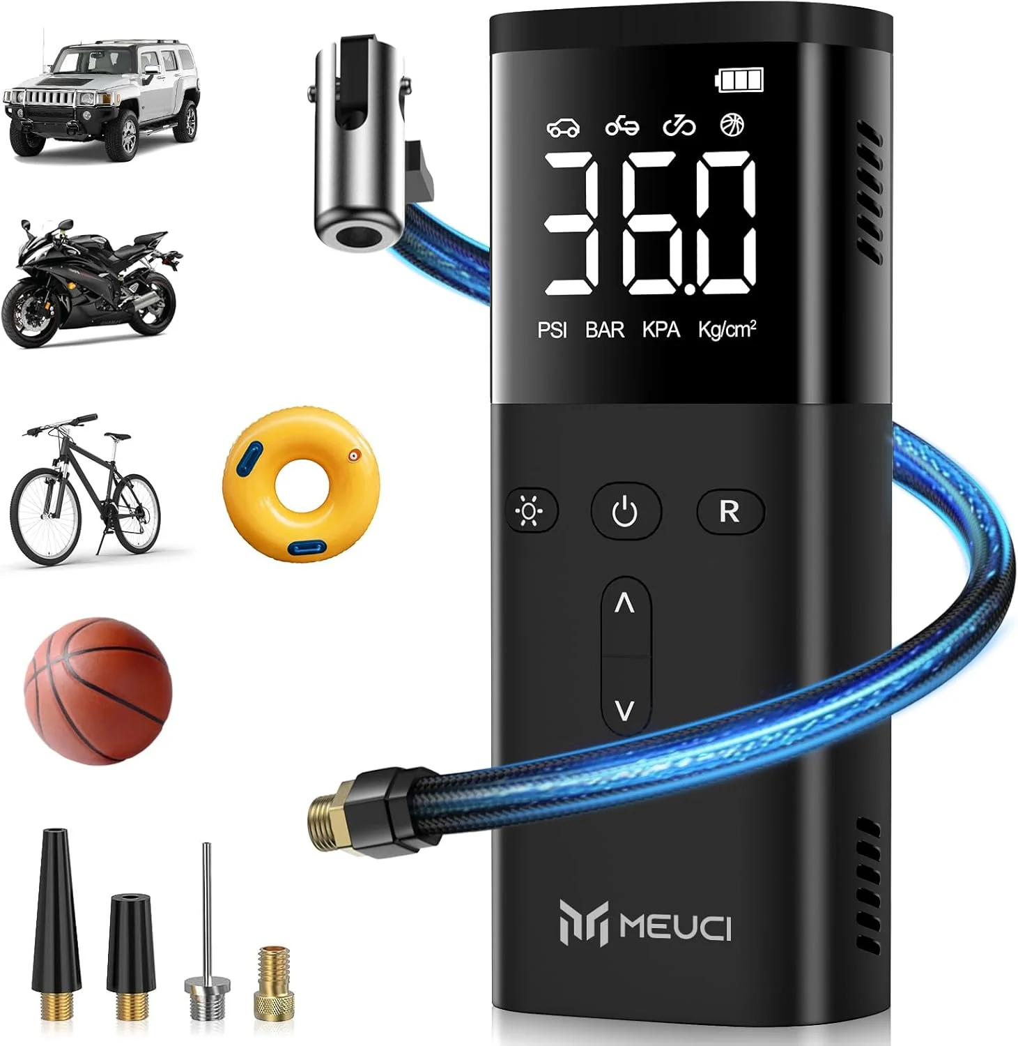 کمپرسور باد قابل حمل MEUCI - پمپ باد بی سیم برای لاستیک خودرو 10000mAh با باتری 150PSI پمپ باد برقی دوچرخه با فشارسنج دیجیتال برای خودرو، موتورسیکلت، دوچرخه، توپ