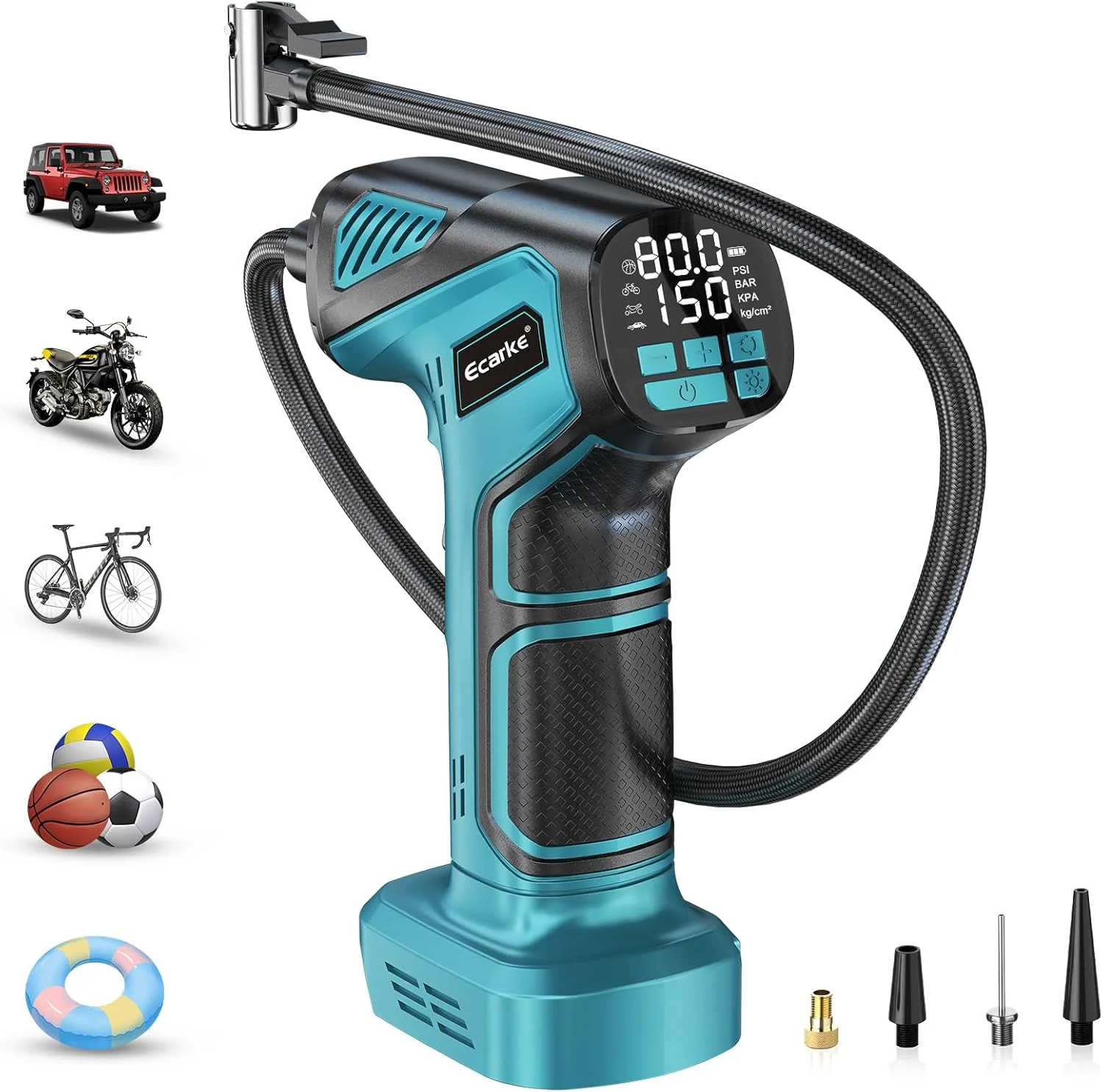 کمپرسور باتری خور Ecarke برای ما کیتا 18 ولت - پمپ باد قابل حمل با نمایشگر دیجیتال، شلنگ افزایش طول و اتصالات نازل، حداکثر فشار 10 بار، ایده آل برای ماشین، دوچرخه، موتور سیکلت و توپ - بدون باتری