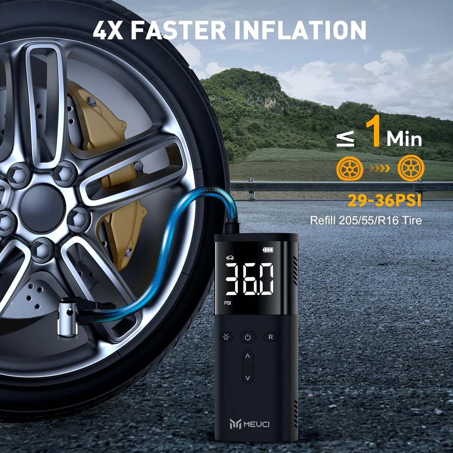 کمپرسور باد قابل حمل MEUCI - پمپ باد بی سیم برای لاستیک خودرو 10000mAh با باتری 150PSI پمپ باد برقی دوچرخه با فشارسنج دیجیتال برای خودرو، موتورسیکلت، دوچرخه، توپ