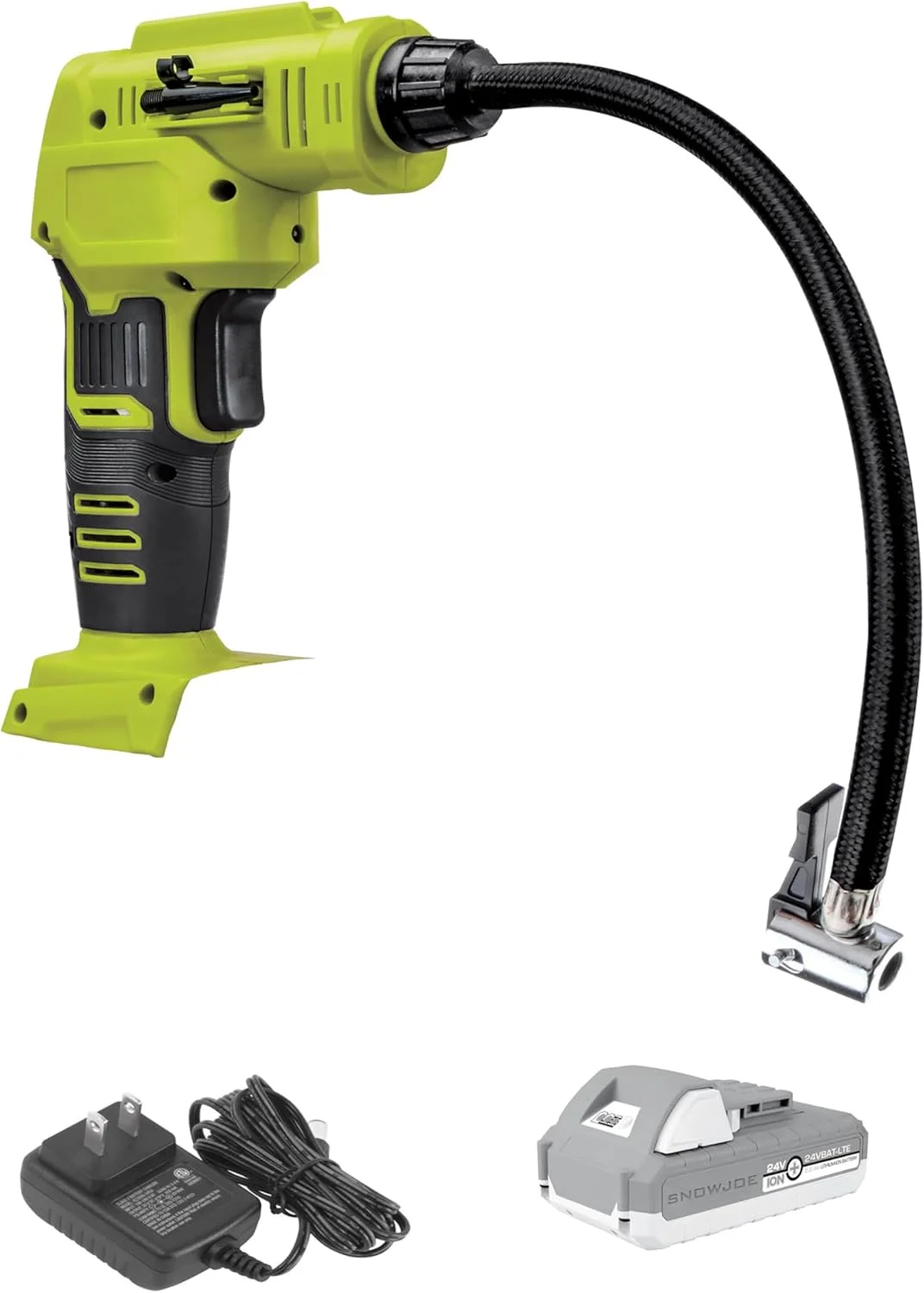 کیت کمپرسور هوای قابل حمل بی سیم سان جو مدل 24V-AJC1-LTE-P1، به همراه باتری 2.0 آمپر ساعتی، شارژر، کیف نگهداری و آداپتورهای نازل