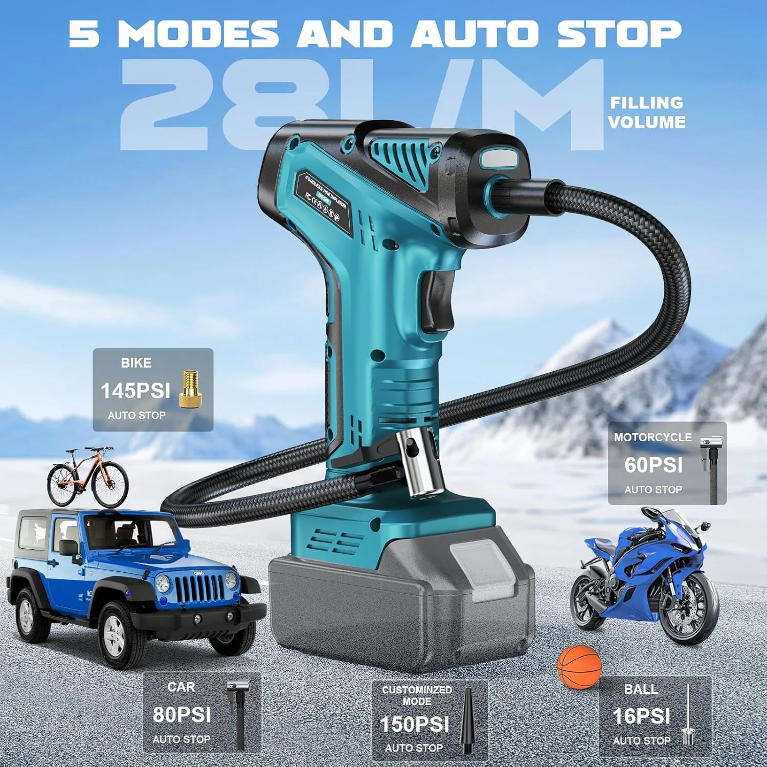 کمپرسور باتری خور Ecarke برای ما کیتا 18 ولت - پمپ باد قابل حمل با نمایشگر دیجیتال، شلنگ افزایش طول و اتصالات نازل، حداکثر فشار 10 بار، ایده آل برای ماشین، دوچرخه، موتور سیکلت و توپ - بدون باتری