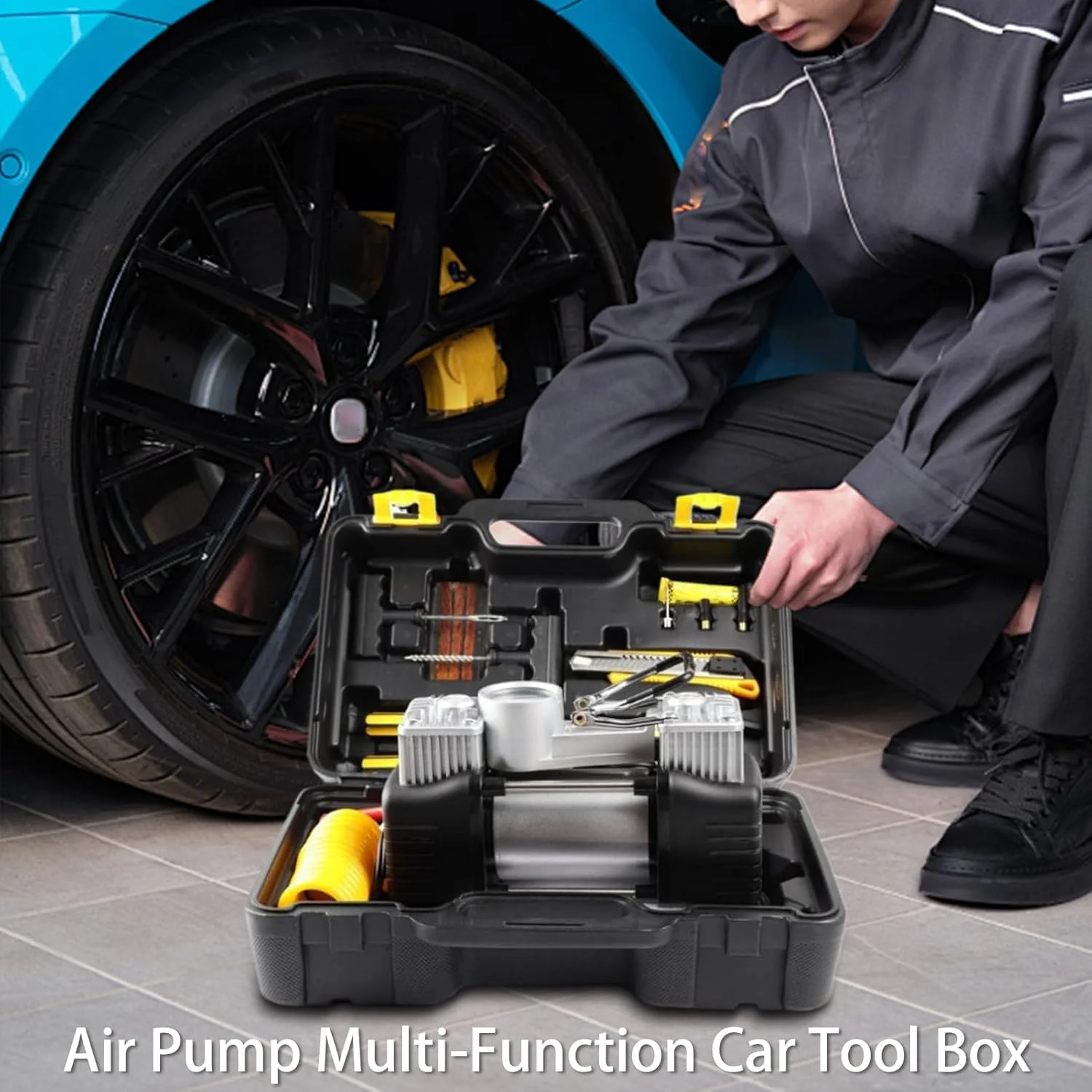 جعبه کمپرسور هوا، مجموعه ابزار پمپ هوا | کیت پمپ باد قابل حمل 12 ولت با فشار بالا برای کامیون، ماشین، کمپینگ، مسافرت، خودروهای تفریحی، مواقع اضطراری، مصارف خانگی، موتورسیکلت و ماجراجویی