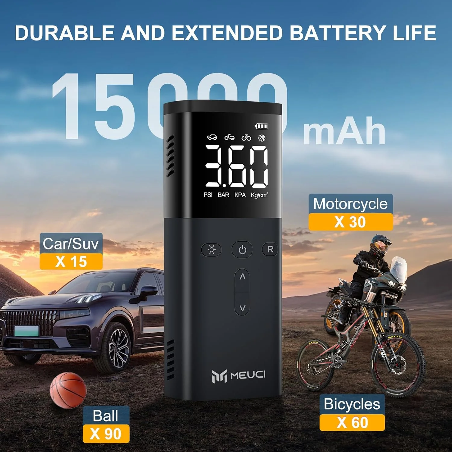 کمپرسور باد قابل حمل MEUCI - پمپ باد بی سیم برای لاستیک خودرو 10000mAh با باتری 150PSI پمپ باد برقی دوچرخه با فشارسنج دیجیتال برای خودرو، موتورسیکلت، دوچرخه، توپ