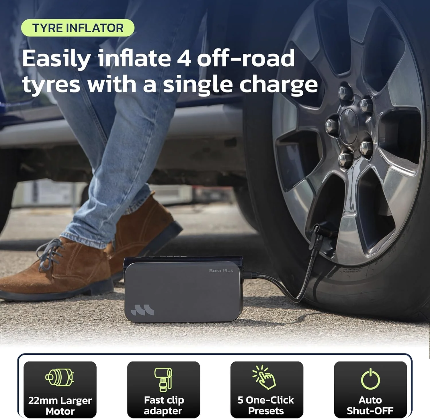 پمپ باد لاستیک خودرو Woowind، 150PSI با منبع تغذیه اضطراری، خاموش شدن خودکار و چراغ LED، پمپ باد قابل حمل با فشارسنج، مجموعه آداپتورهای نازل