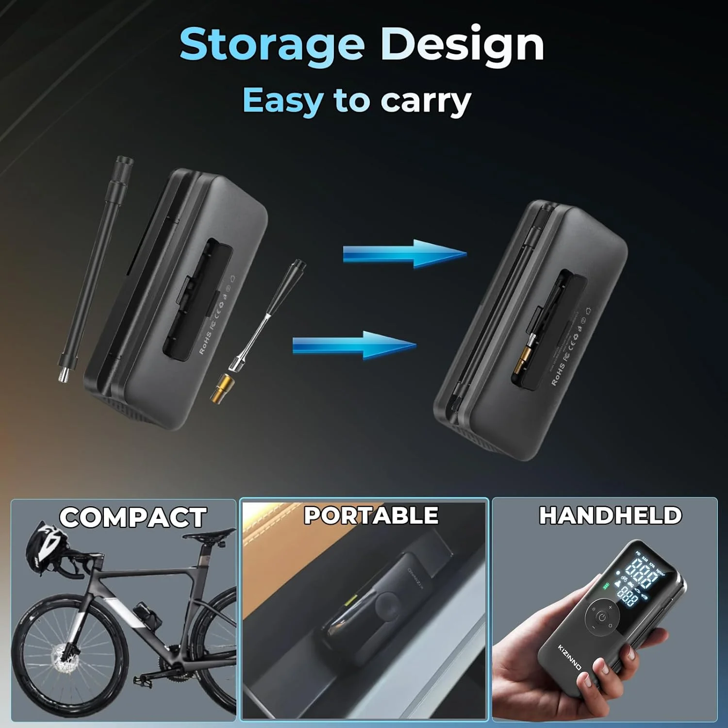 کمپرسور باد قابل حمل - تایر بادی با سرعت بالا 150PSI، پمپ بادی قابل حمل بی سیم، دکمه تخلیه باد، فشارسنج دیجیتال، تایر بادی برای ماشین، وانت، موتور و غیره