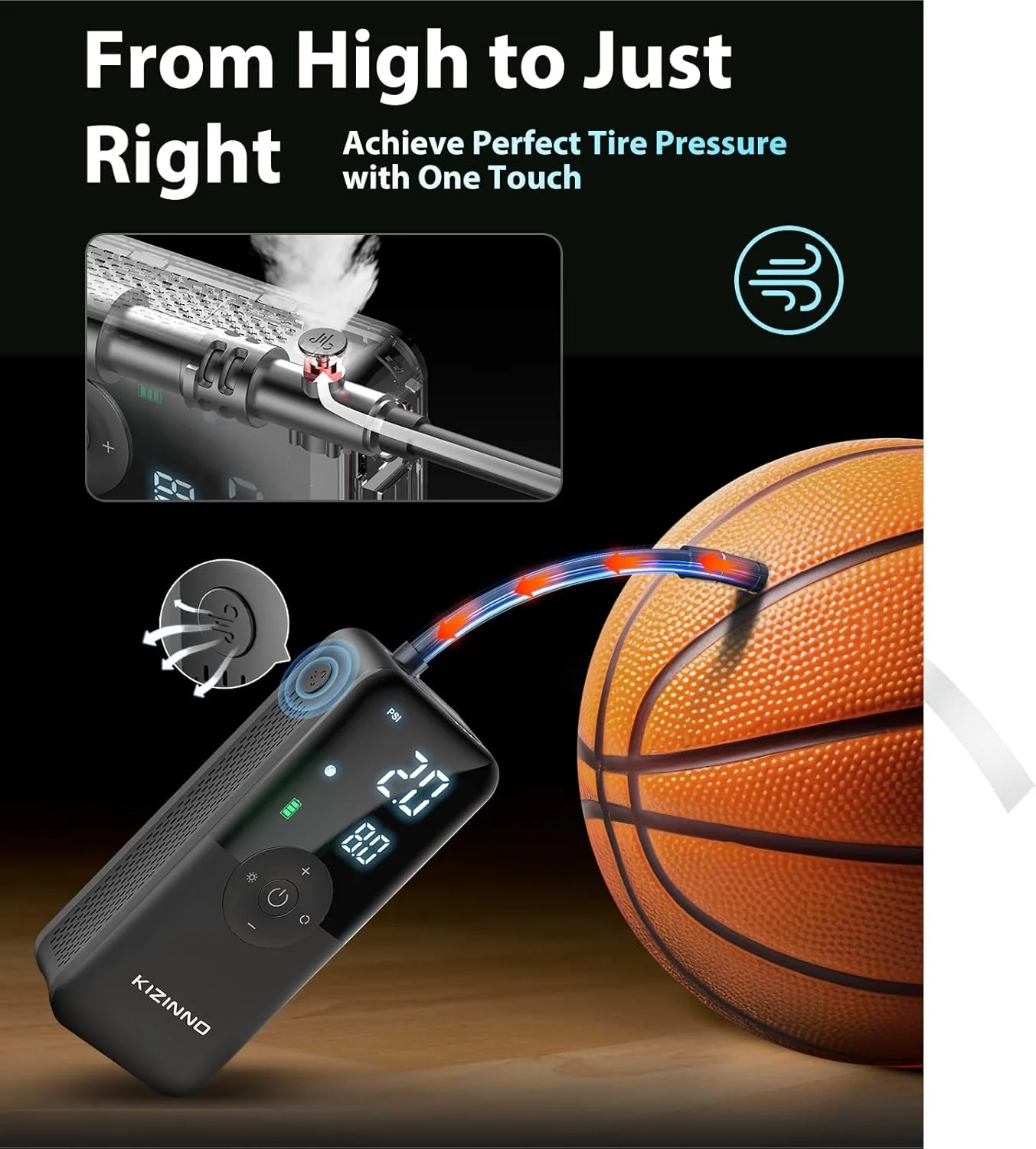 کمپرسور باد قابل حمل - تایر بادی با سرعت بالا 150PSI، پمپ بادی قابل حمل بی سیم، دکمه تخلیه باد، فشارسنج دیجیتال، تایر بادی برای ماشین، وانت، موتور و غیره