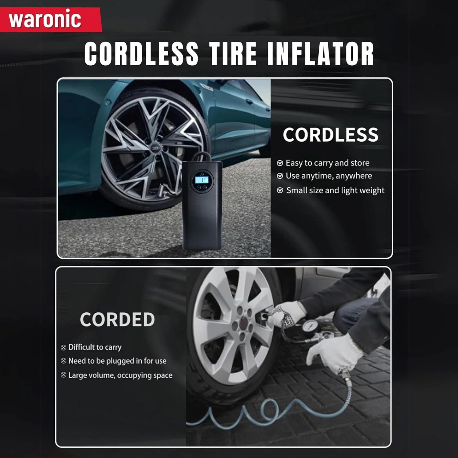 پمپ باد شارژی قابل حمل - 150 PSI، کمپرسور هوا قابل شارژ برای ماشین، موتور سیکلت، دوچرخه و توپ - فشار سنج، خاموش شدن خودکار، باد کردن سریع پمپ باد شارژی قابل حمل - 150 PSI، کمپرسور هوا قابل شارژ برای ماشین، موتور سیکلت، دوچرخه و توپ - فشار سنج، خاموش شدن خودکار، باد کردن سریع