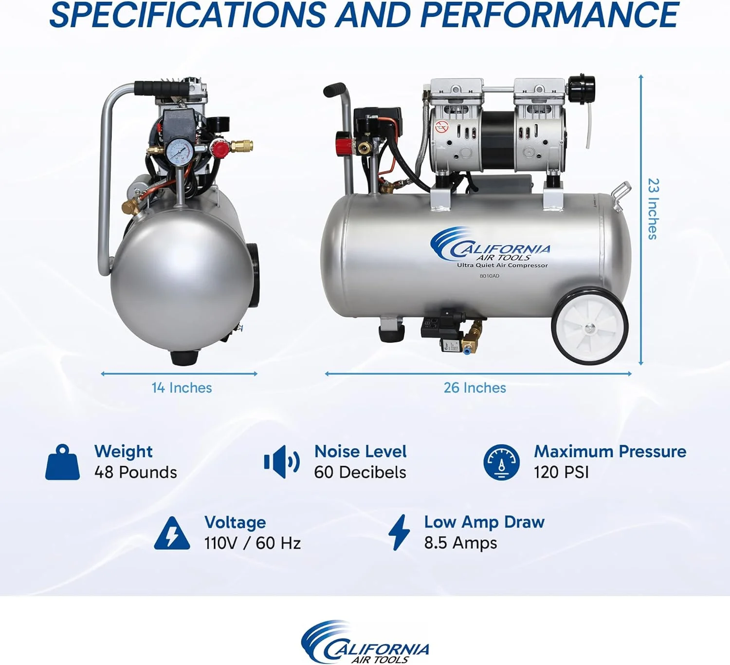 کمپرسور هوای فوق العاده بی صدا و بدون روغن کالیفرنیا ایر تولز مدل 8010AD با موتور 1.0 اسب بخار، مخزن فولادی 8 گالنی، سبک وزن با چرخ، سطح صدای 60 دسی بل، با شیر تخلیه اتوماتیک