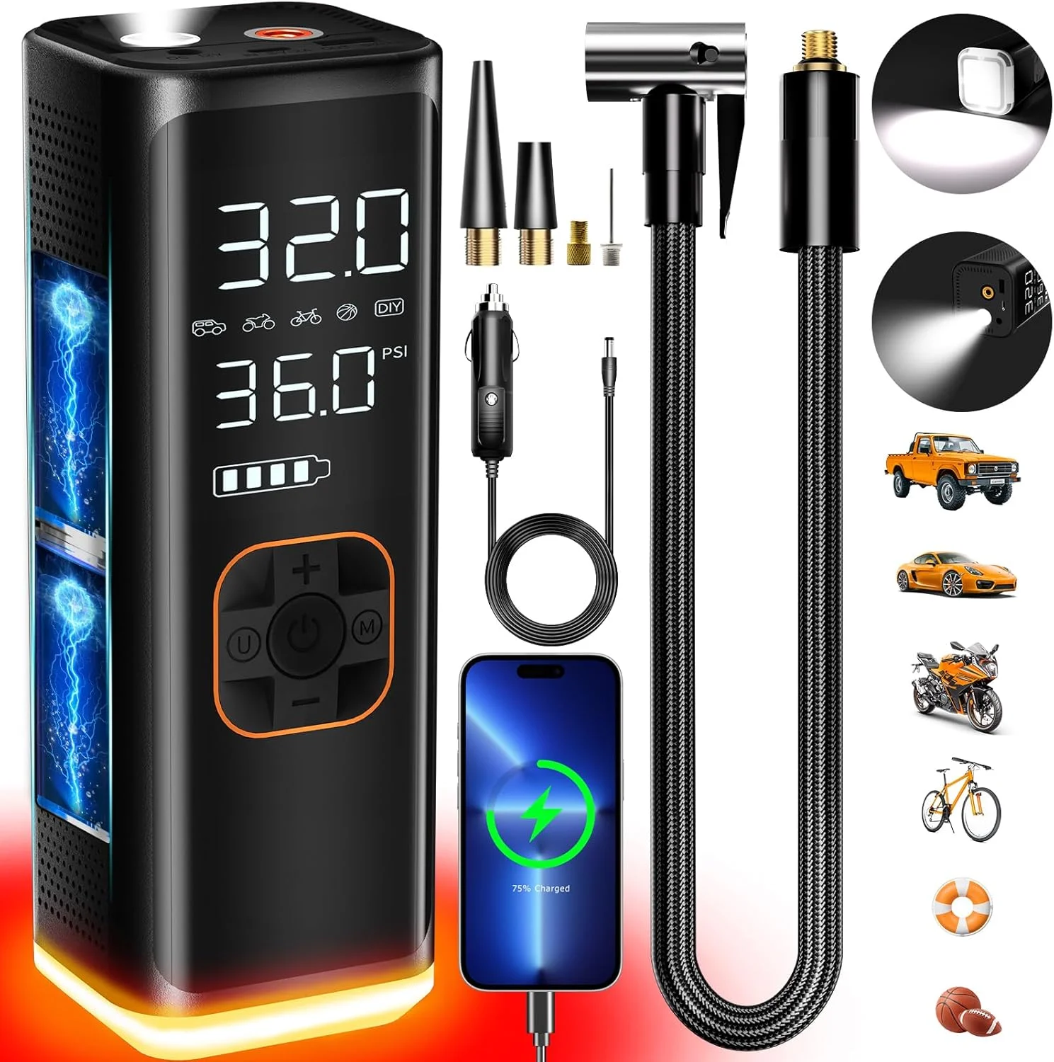 پمپ باد تایر خودرو کمپرسور هوا قابل حمل، پمپ باد تایر قابل حمل 12 ولت DC برای خودرو با فشارسنج LED، 150PSI و پمپ باد تایر قابل شارژ 6000MAH برای تایرهای خودرو (رنگ مشکی)