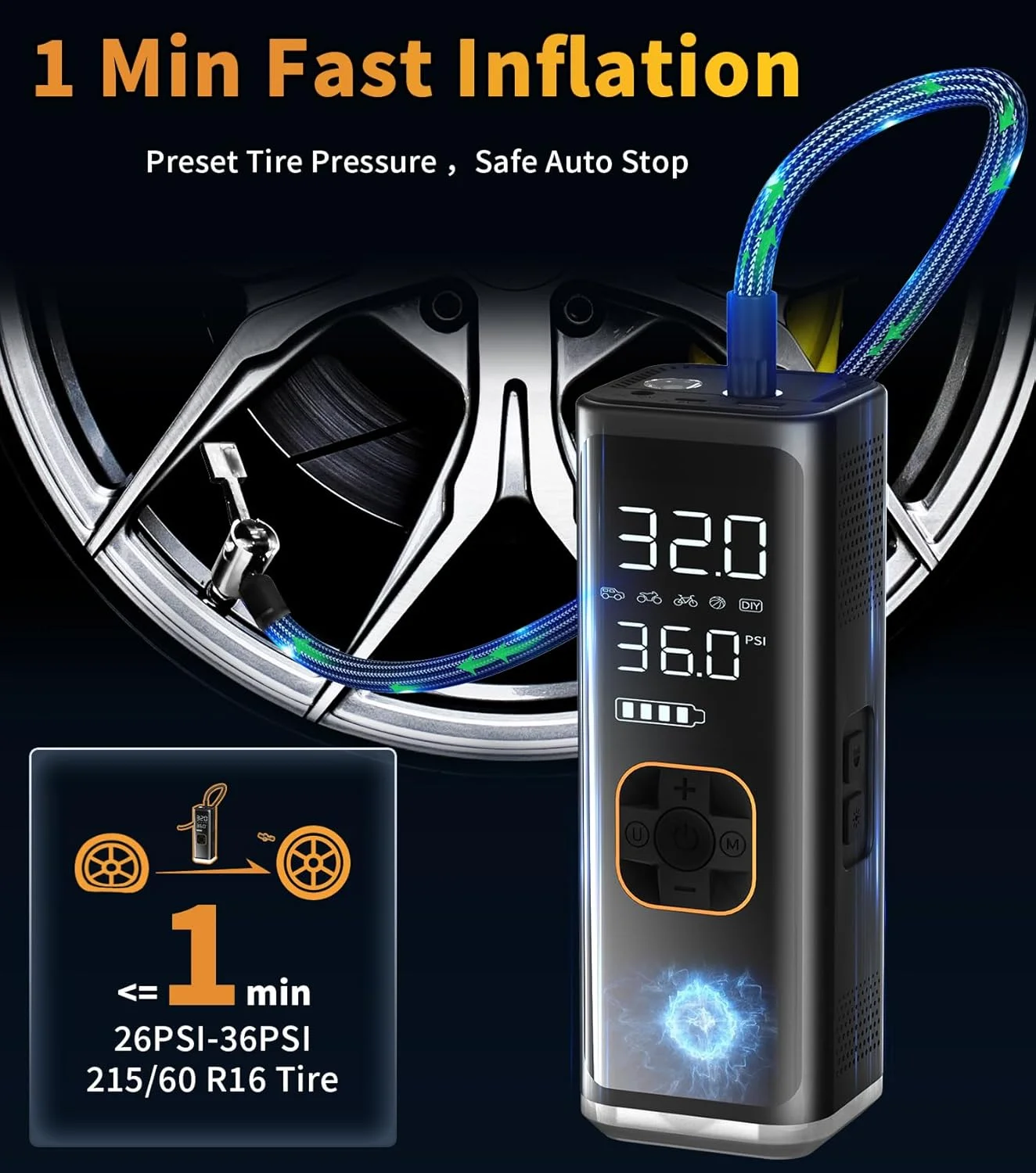 پمپ باد تایر خودرو کمپرسور هوا قابل حمل، پمپ باد تایر قابل حمل 12 ولت DC برای خودرو با فشارسنج LED، 150PSI و پمپ باد تایر قابل شارژ 6000MAH برای تایرهای خودرو (رنگ مشکی)
