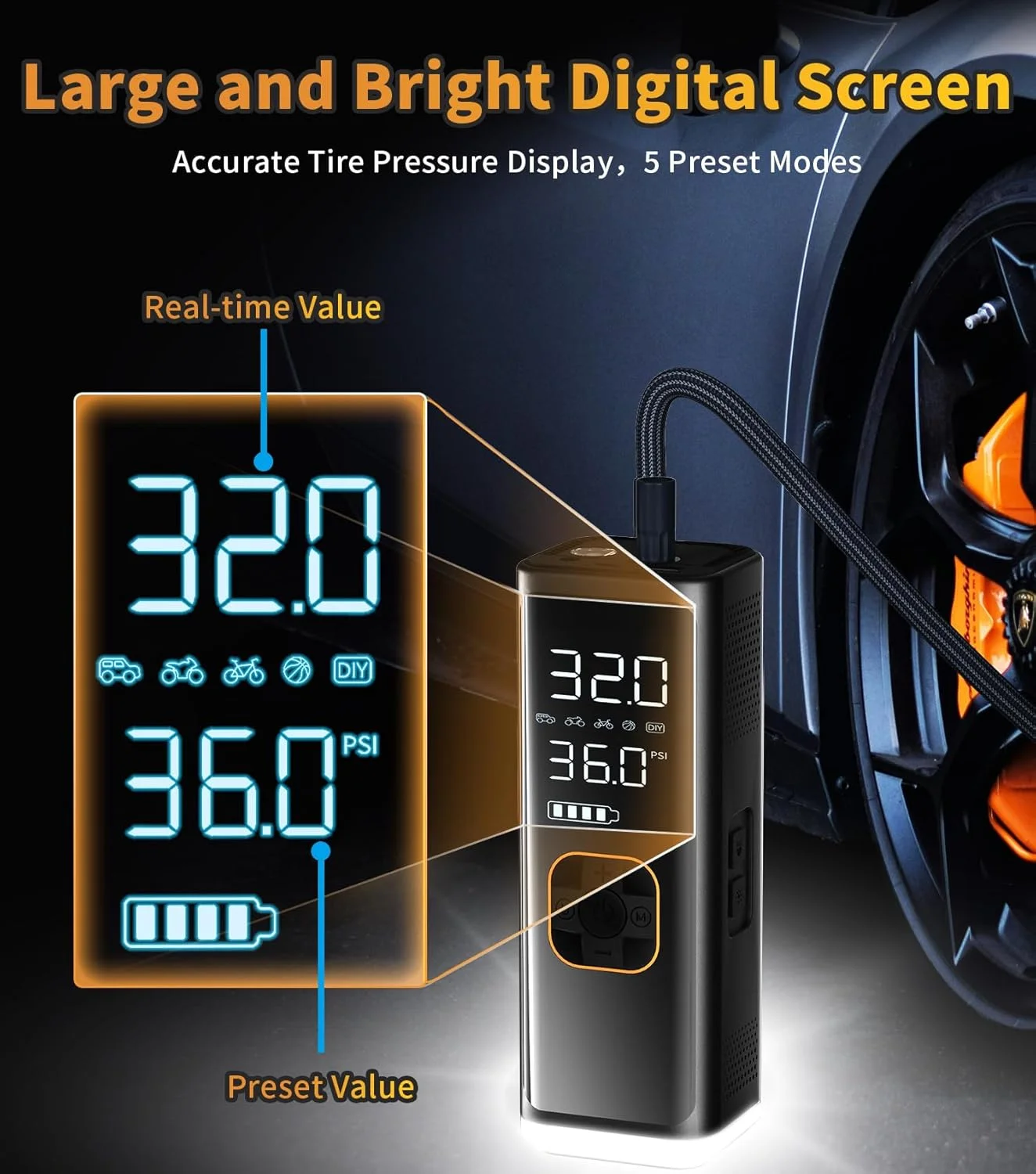 پمپ باد تایر خودرو کمپرسور هوا قابل حمل، پمپ باد تایر قابل حمل 12 ولت DC برای خودرو با فشارسنج LED، 150PSI و پمپ باد تایر قابل شارژ 6000MAH برای تایرهای خودرو (رنگ مشکی)