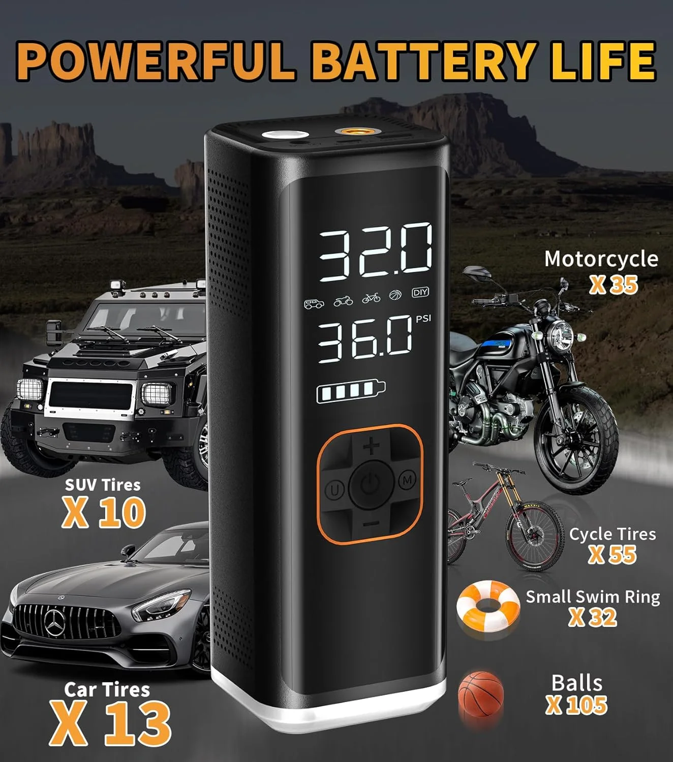 پمپ باد تایر خودرو کمپرسور هوا قابل حمل، پمپ باد تایر قابل حمل 12 ولت DC برای خودرو با فشارسنج LED، 150PSI و پمپ باد تایر قابل شارژ 6000MAH برای تایرهای خودرو (رنگ مشکی)