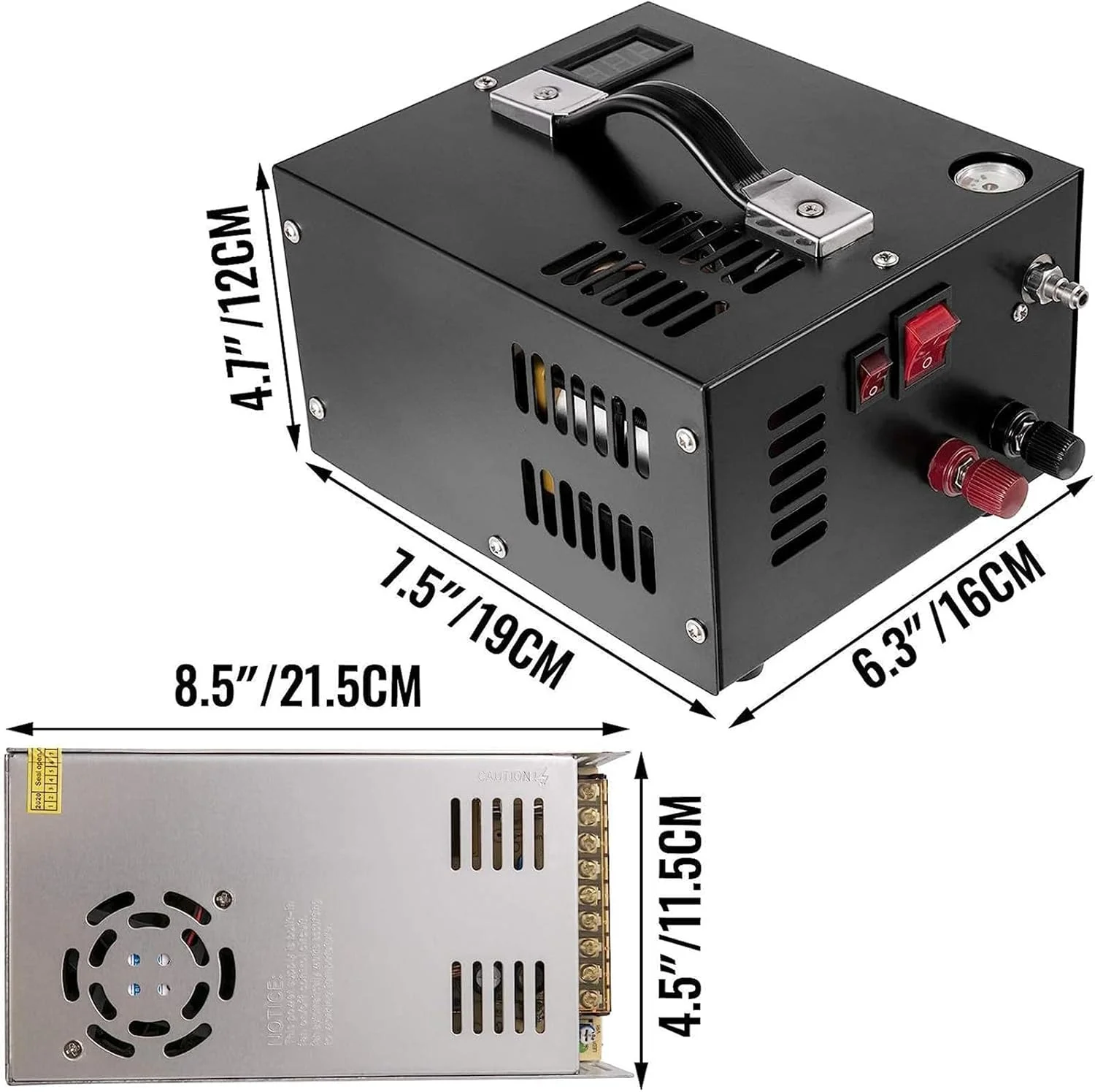 کمپرسور هوای PCP جسبی 4500Psi، پمپ کمپرسور هوای فشار قوی 30MPa بدون روغن/آب، ترانسفورماتور داخلی با سیستم خنک کننده فن، مشکی - 220V-110V-12V