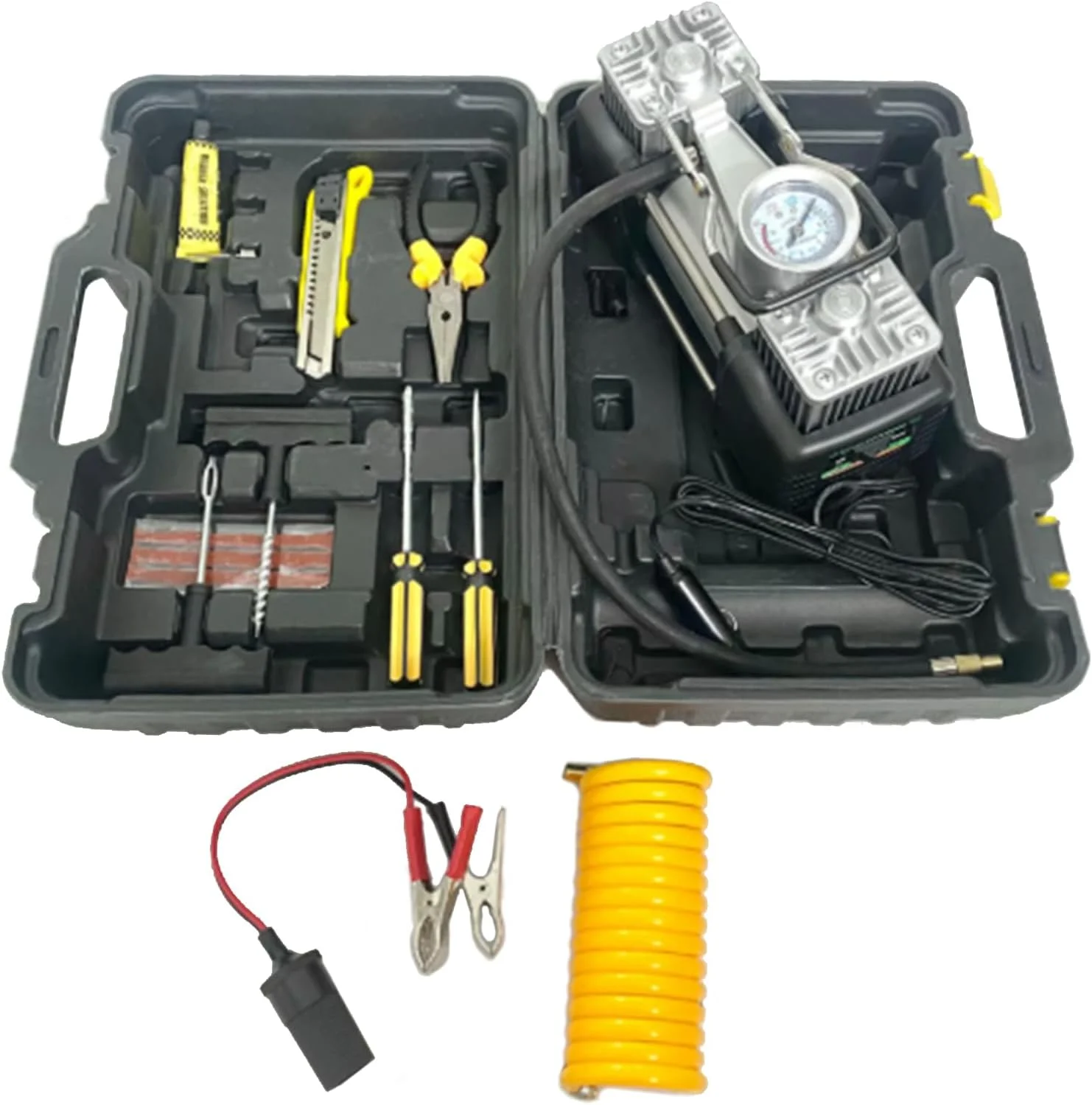 جعبه ابزار کمپرسور هوا - کیت ابزار تعمیرات فضای باز، مجموعه پمپ باد فشار قوی 12 ولت برای دوچرخه موتور سیکلت کامیون RV مسافرت کمپینگ منزل کمک های اضطراری کنار جاده