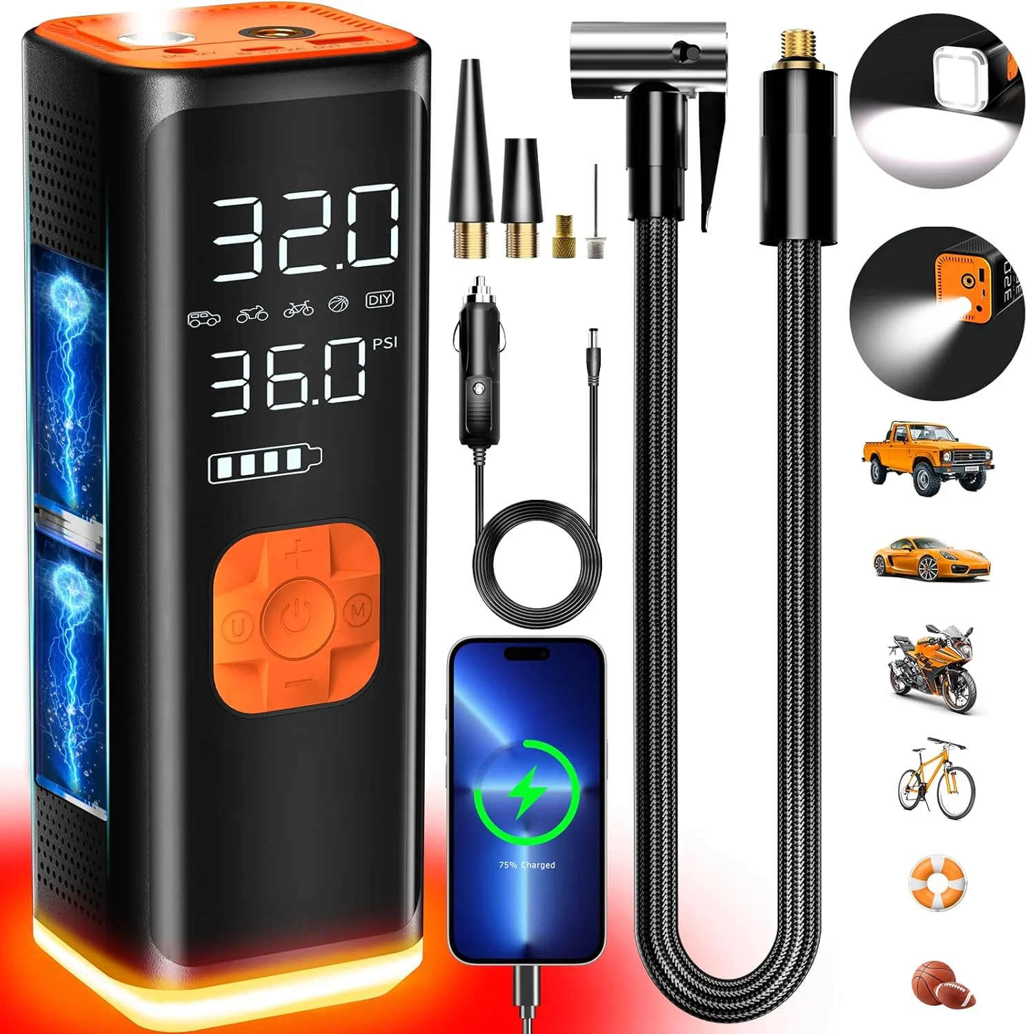 پمپ باد قابل حمل VIL، کمپرسور هوا 150PSI با سرعت накачивания 4 برابر سریعتر، پمپ هوای بی سیم با سنسور دیجیتال با دقت بالا و صفحه نمایش LCD، پمپ هوای برقی ایده آل برای اتومبیل، لاستیک دوچرخه، توپ