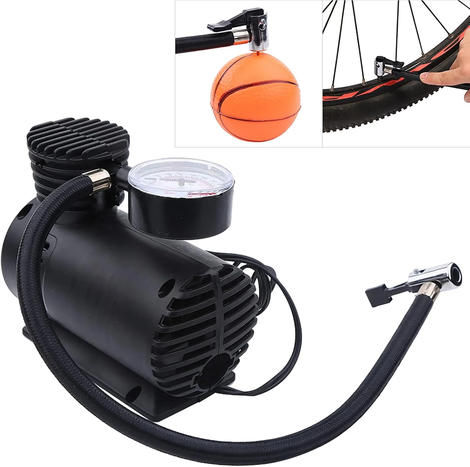 پمپ باد قابل حمل برای لاستیک خودرو، پمپ برقی باد لاستیک، مینی کمپرسور هوا با محدوده 300 PSI برای دوچرخه، توپ، بادکنک و تشک بادی