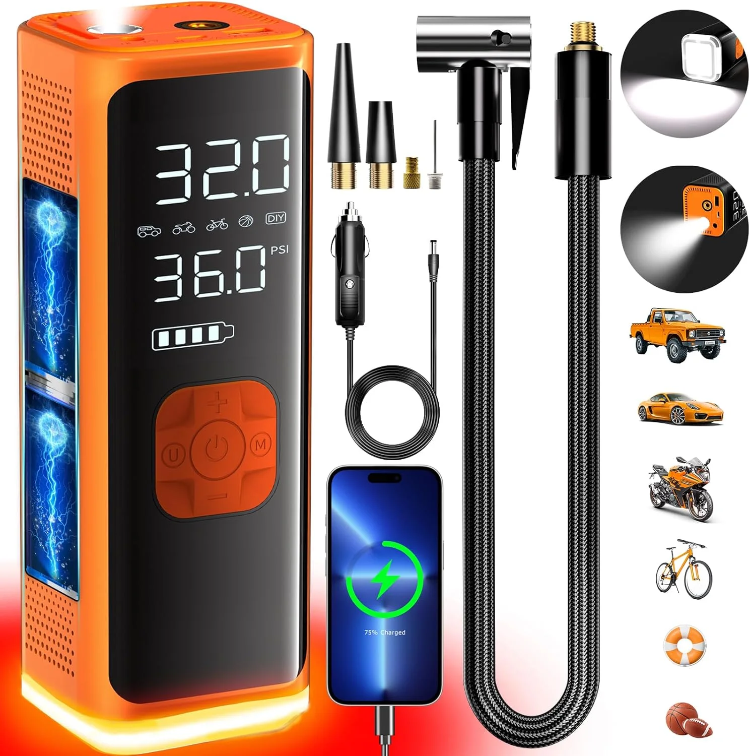 پمپ باد قابل حمل VIL، کمپرسور هوا 150PSI با سرعت накачивания 4 برابر سریعتر، پمپ هوای بی سیم با سنسور دیجیتال با دقت بالا و صفحه نمایش LCD، پمپ هوای برقی ایده آل برای اتومبیل، لاستیک دوچرخه، توپ