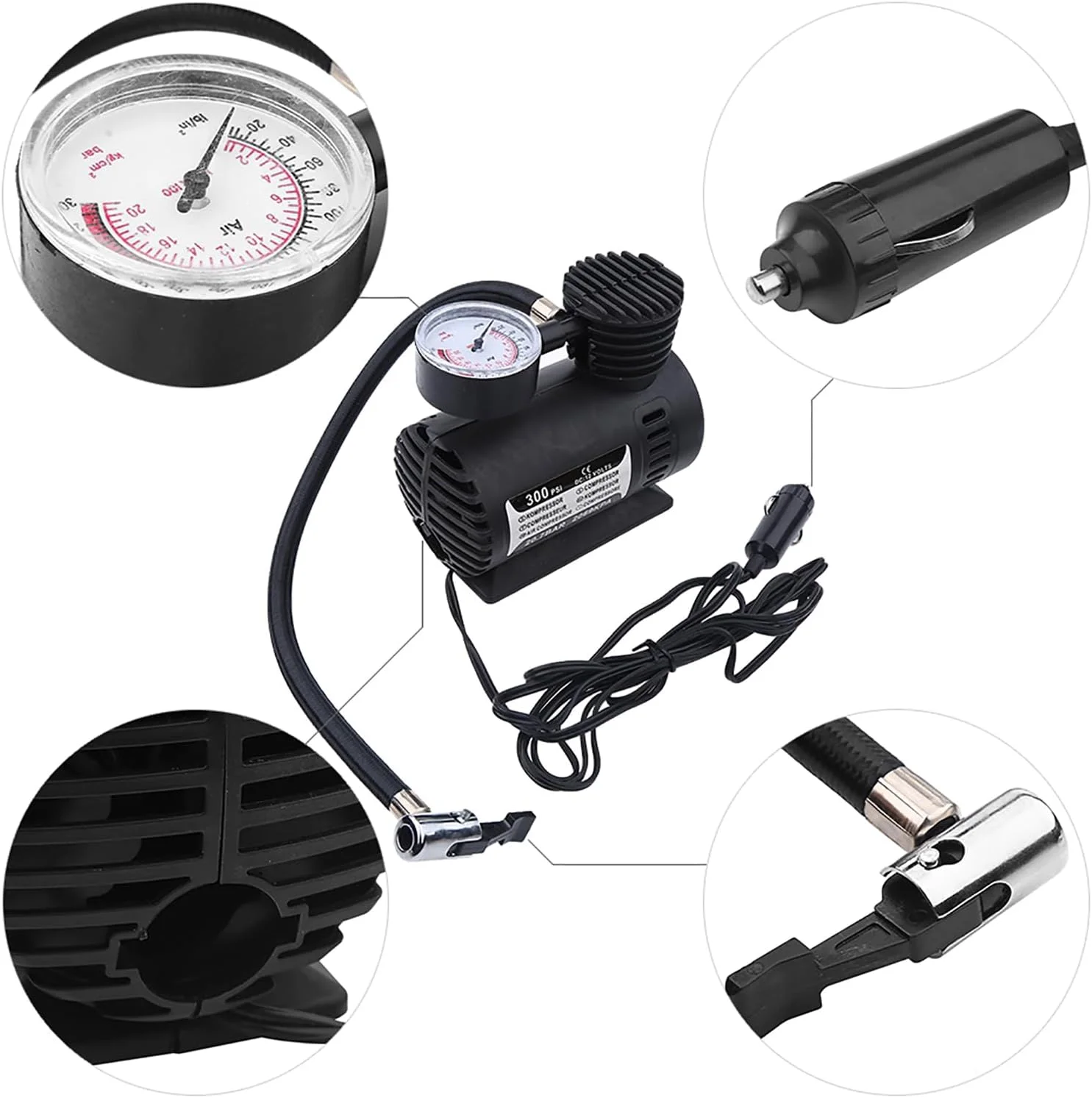 پمپ باد قابل حمل برای لاستیک خودرو، پمپ برقی باد لاستیک، مینی کمپرسور هوا با محدوده 300 PSI برای دوچرخه، توپ، بادکنک و تشک بادی