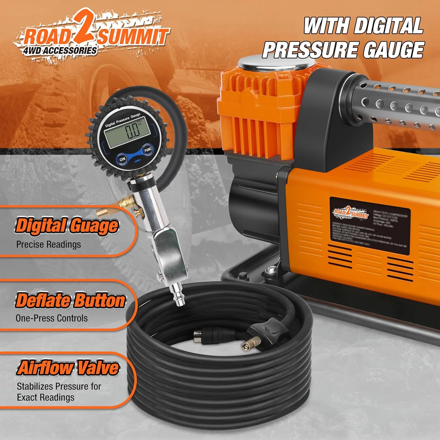 کمپرسور هوا با فشارسنج دیجیتال و کیت باد کردن تایر، کمپرسور قابل حمل 12 ولت با قدرت بالا 200 لیتر در دقیقه، حداکثر 9.3 بار، کیت پمپ باد مناسب خودروهای دو دیفرانسیل، کمپر، ای تی وی، ماشین و لاستیک های شاسی بلند