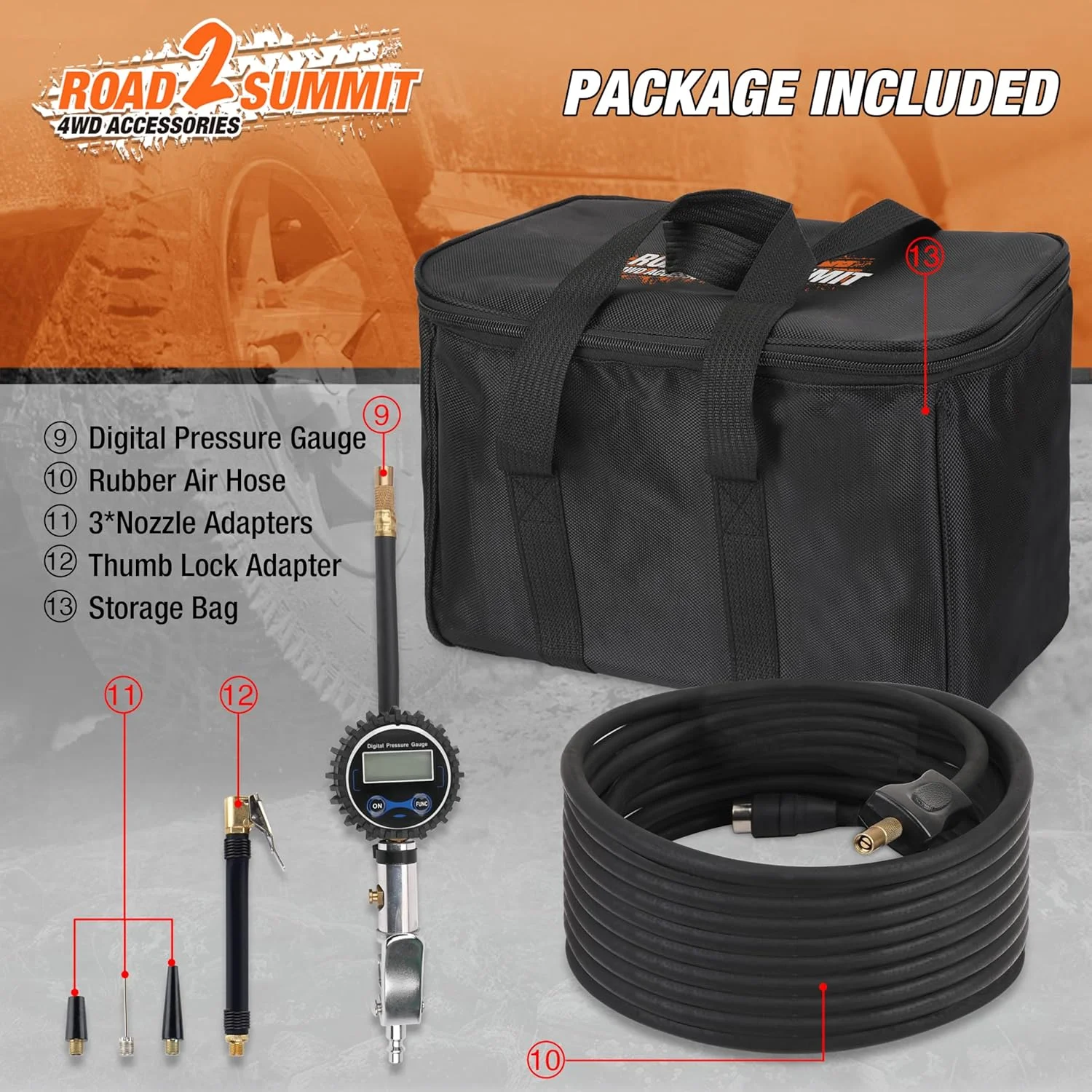 کمپرسور هوا با فشارسنج دیجیتال و کیت باد کردن تایر، کمپرسور قابل حمل 12 ولت با قدرت بالا 200 لیتر در دقیقه، حداکثر 9.3 بار، کیت پمپ باد مناسب خودروهای دو دیفرانسیل، کمپر، ای تی وی، ماشین و لاستیک های شاسی بلند