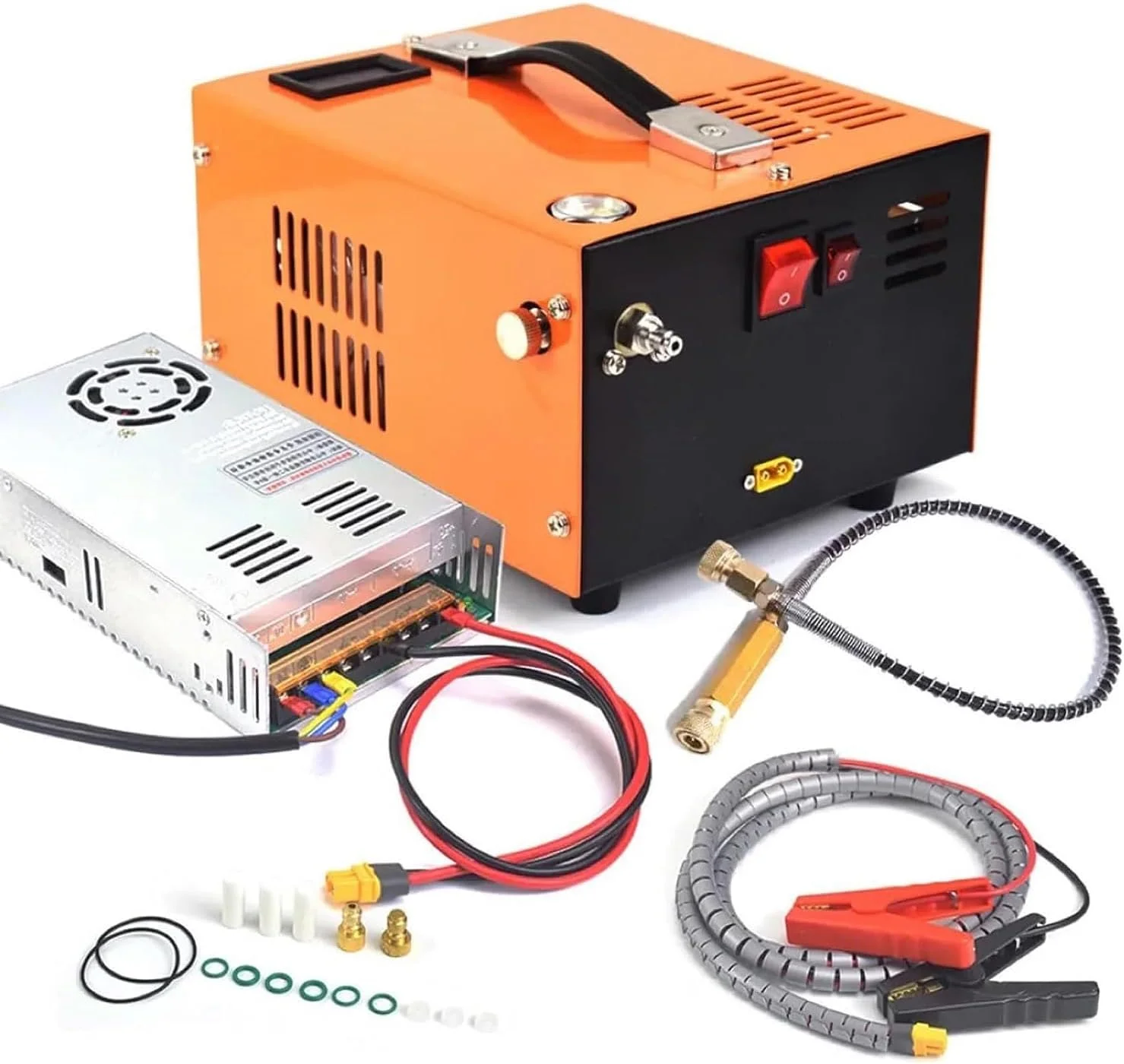 کمپرسور هوای PCP KEhtu، پمپ تفنگ بادی فشار قوی 30 مگاپاسکال 4500Psi با فن خنک کننده 12500 دور در دقیقه، نمایشگر دما و فشار هوا، با مبدل برق، 12 ولت - 110/220 ولت، پمپ هوای بدون روغن/آب