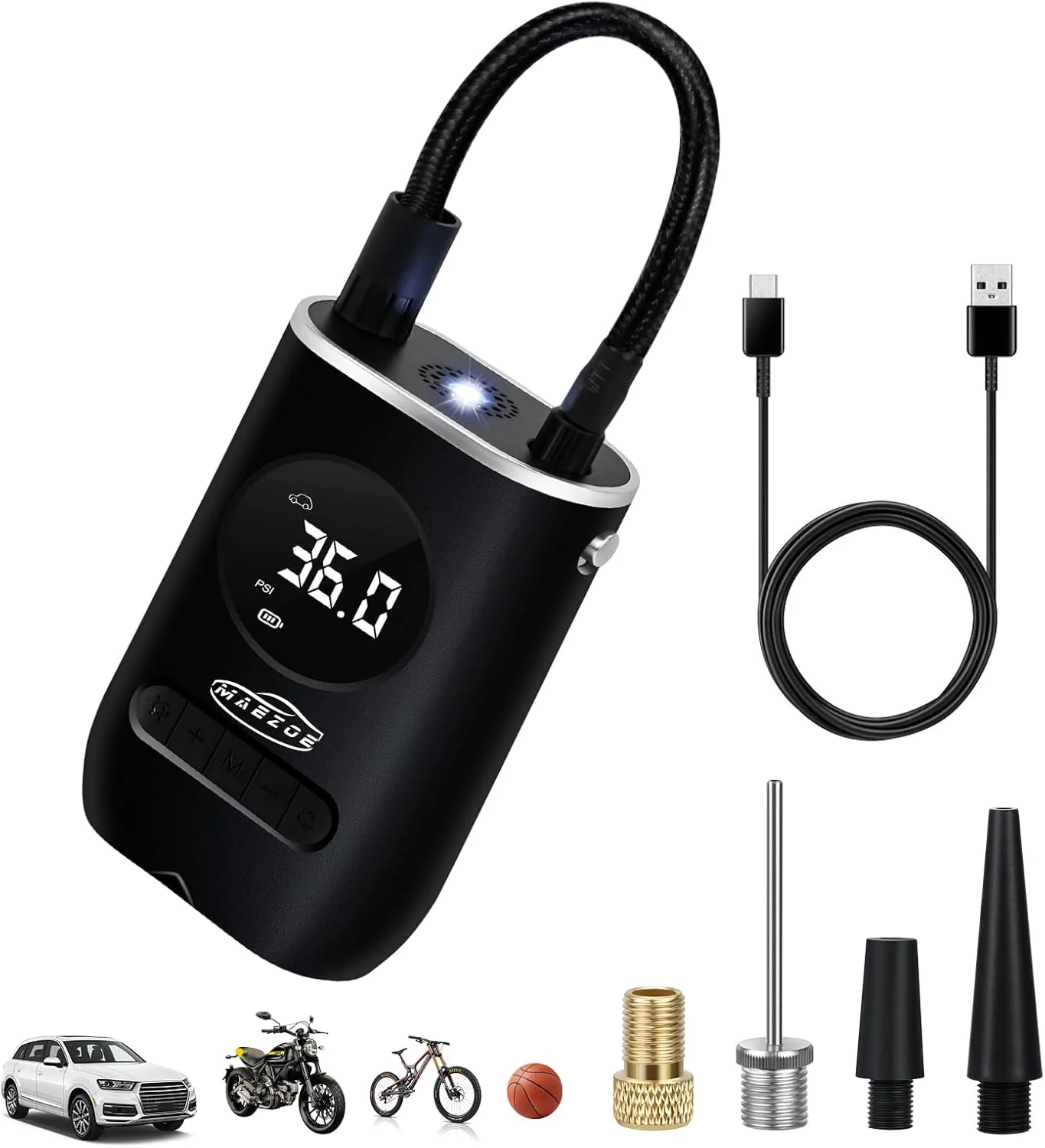 پمپ باد قابل حمل هوشمند MAEZOE - پمپ باد برقی بی سیم با فشار 150PSI، فشارسنج، چراغ اضطراری، خاموش شدن خودکار و صفحه نمایش LCD برای ماشین، موتور سیکلت، دوچرخه و توپ