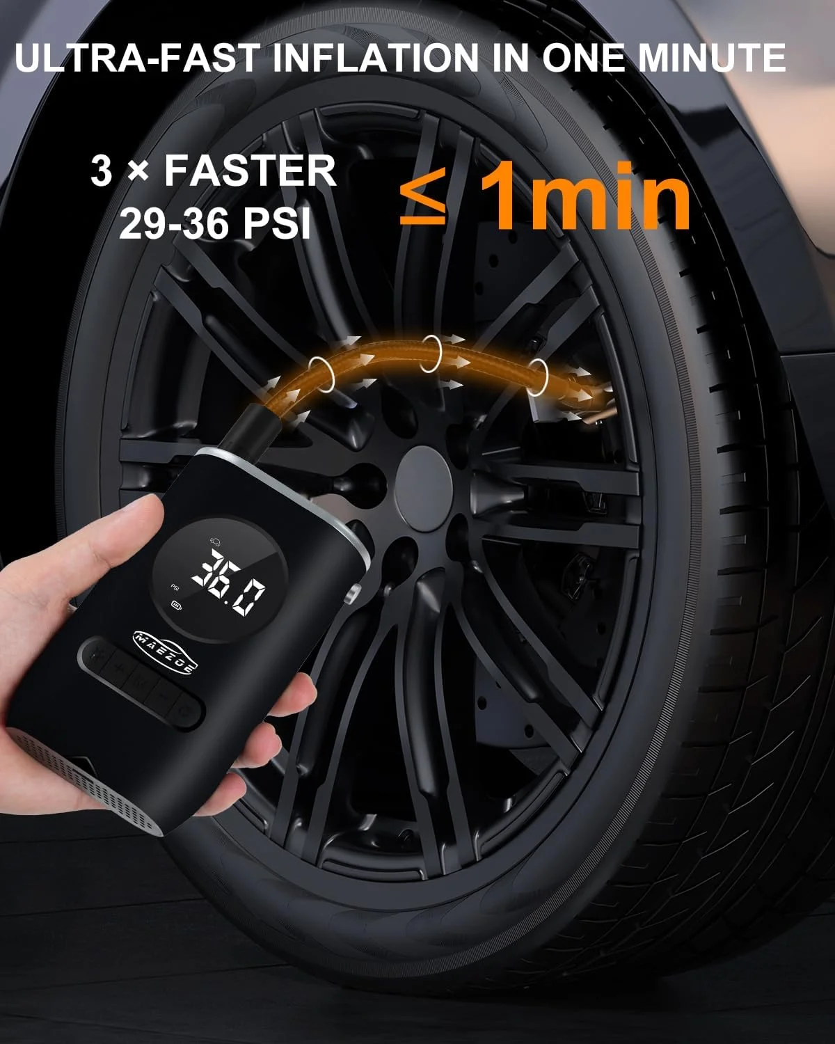 پمپ باد قابل حمل هوشمند MAEZOE - پمپ باد برقی بی سیم با فشار 150PSI، فشارسنج، چراغ اضطراری، خاموش شدن خودکار و صفحه نمایش LCD برای ماشین، موتور سیکلت، دوچرخه و توپ