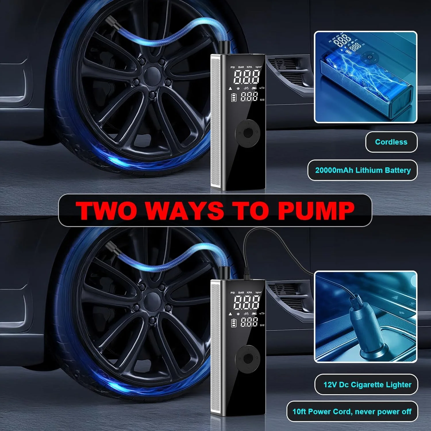 کمپرسور هوا قابل حمل DEASON، پمپ باد برقی برای لاستیک خودرو با ظرفیت باتری 20000mAh، فشار 150PSI و پمپ باد 4 برابر سریعتر با خاموش شدن خودکار برای خودرو، دوچرخه برقی، توپ، موتورسیکلت کمپرسور هوا قابل حمل DEASON، پمپ باد برقی برای لاستیک خودرو با ظرفیت باتری 20000mAh، فشار 150PSI و پمپ باد 4 برابر سریعتر با خاموش شدن خودکار برای خودرو، دوچرخه برقی، توپ، موتورسیکلت