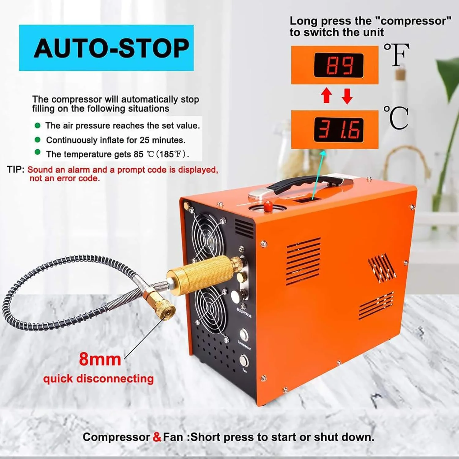 کمپرسور هوای PCP قابل حمل و جمع و جور JOSBY، با دو فن خنک کننده پرقدرت، توقف خودکار 4500Psi/30Mpa، با جداکننده آب/روغن، برای تفنگ/تپانچه PCP و پمپ هوای مخزن پینت بال، 220v-110v-12v