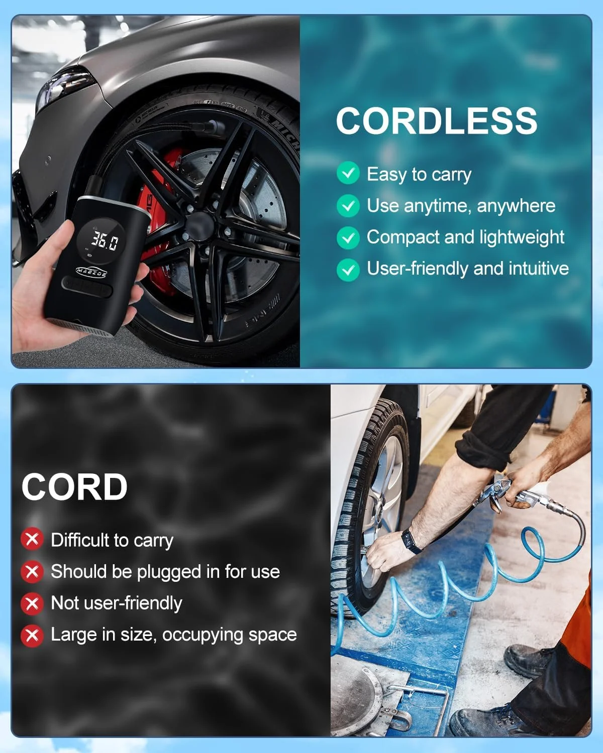 پمپ باد قابل حمل هوشمند MAEZOE - پمپ باد برقی بی سیم با فشار 150PSI، فشارسنج، چراغ اضطراری، خاموش شدن خودکار و صفحه نمایش LCD برای ماشین، موتور سیکلت، دوچرخه و توپ