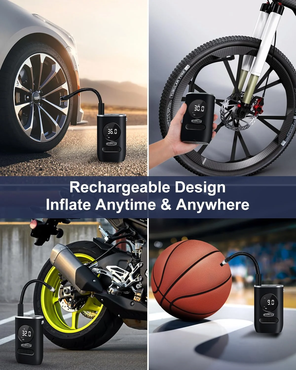 پمپ باد قابل حمل هوشمند MAEZOE - پمپ باد برقی بی سیم با فشار 150PSI، فشارسنج، چراغ اضطراری، خاموش شدن خودکار و صفحه نمایش LCD برای ماشین، موتور سیکلت، دوچرخه و توپ