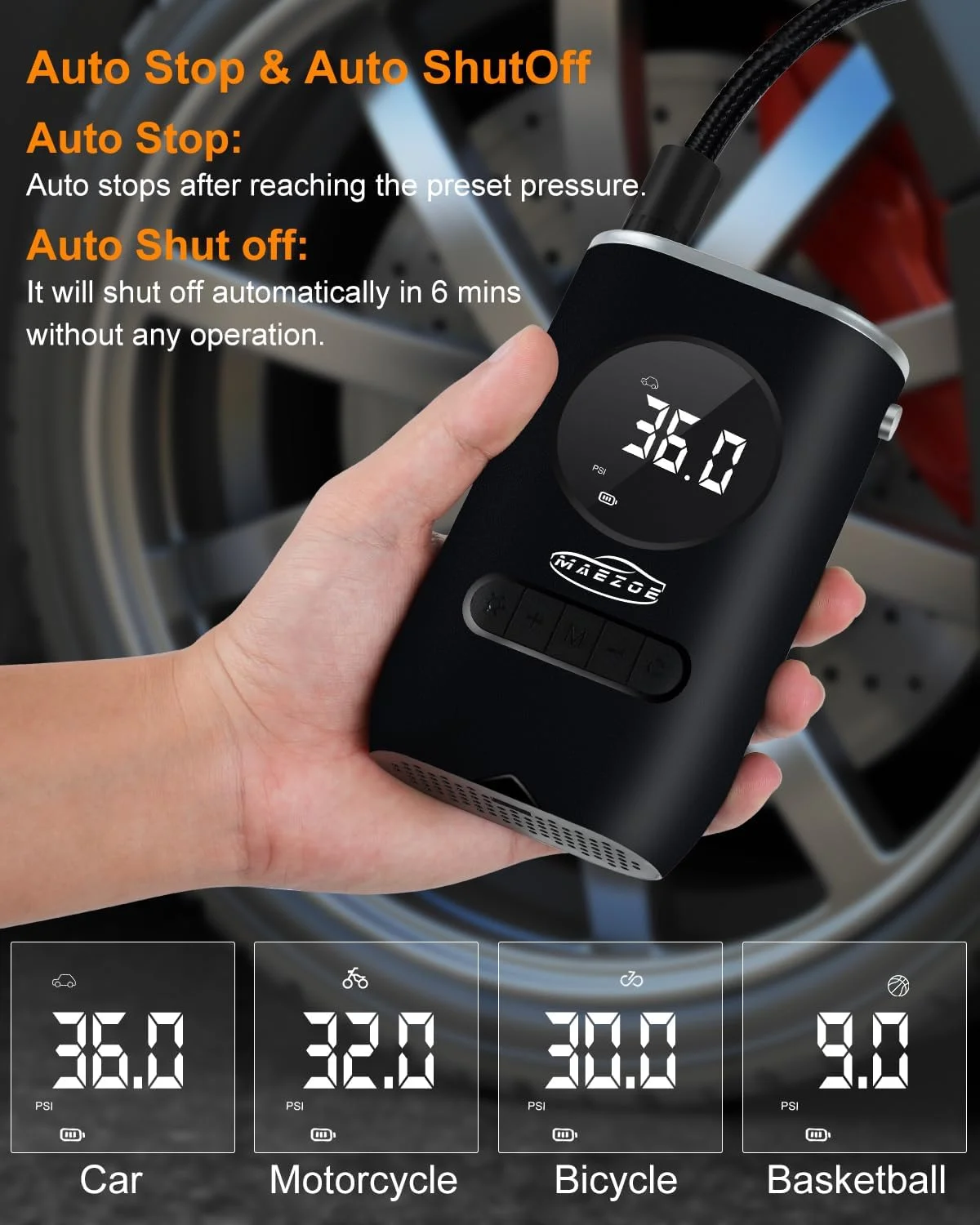 پمپ باد قابل حمل هوشمند MAEZOE - پمپ باد برقی بی سیم با فشار 150PSI، فشارسنج، چراغ اضطراری، خاموش شدن خودکار و صفحه نمایش LCD برای ماشین، موتور سیکلت، دوچرخه و توپ