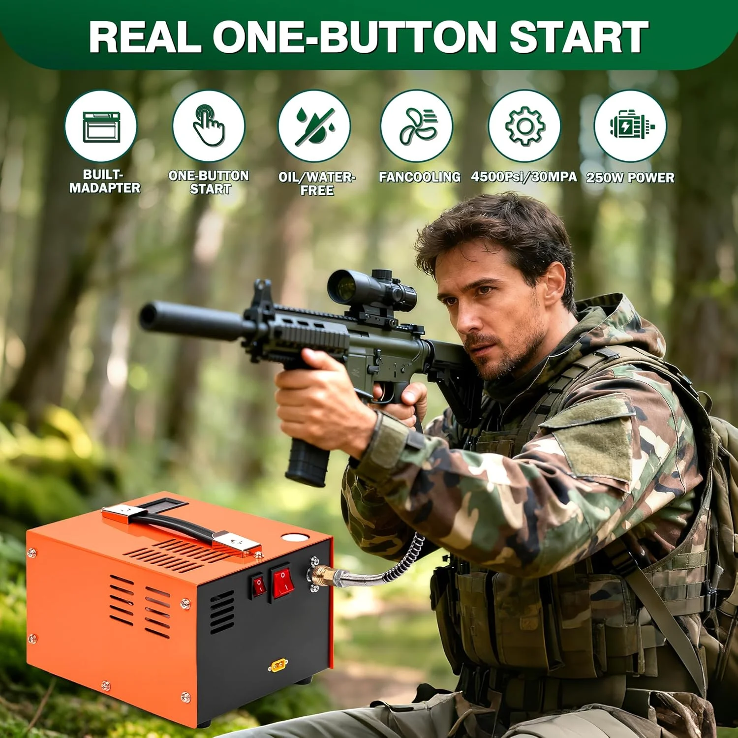 کمپرسور هوای پی سی پی TUXING 300Bar، قابل حمل 4500Psi/30Mpa، سازگار با اتصال سریع 8 میلی متری برای تفنگ بادی پی سی پی با جداکننده آب/روغن، آداپتور برق داخلی (220 ولت AC یا باتری خودرو 12 ولت)