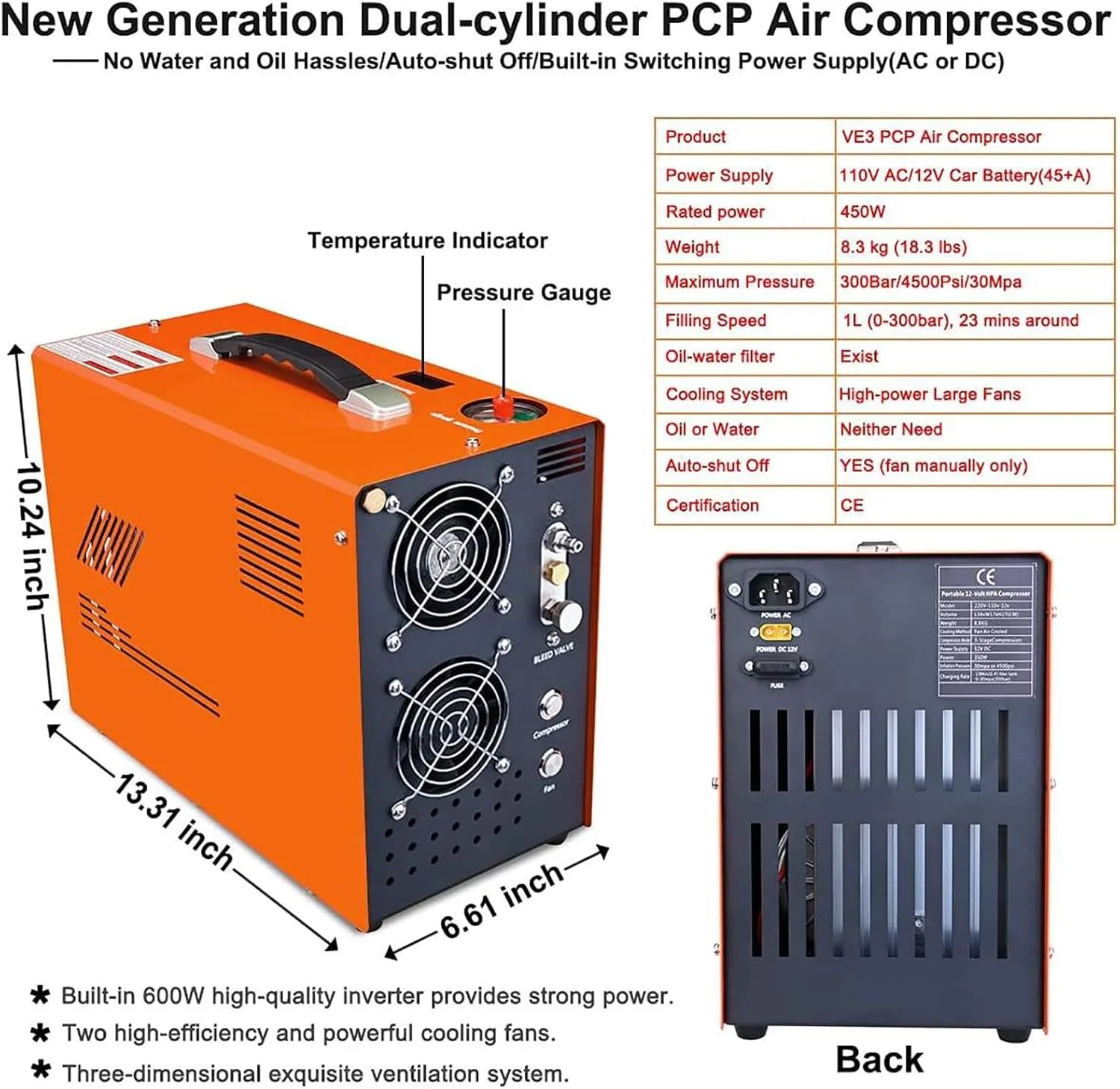 کمپرسور هوای PCP قابل حمل و جمع و جور JOSBY، با دو فن خنک کننده پرقدرت، توقف خودکار 4500Psi/30Mpa، با جداکننده آب/روغن، برای تفنگ/تپانچه PCP و پمپ هوای مخزن پینت بال، 220v-110v-12v