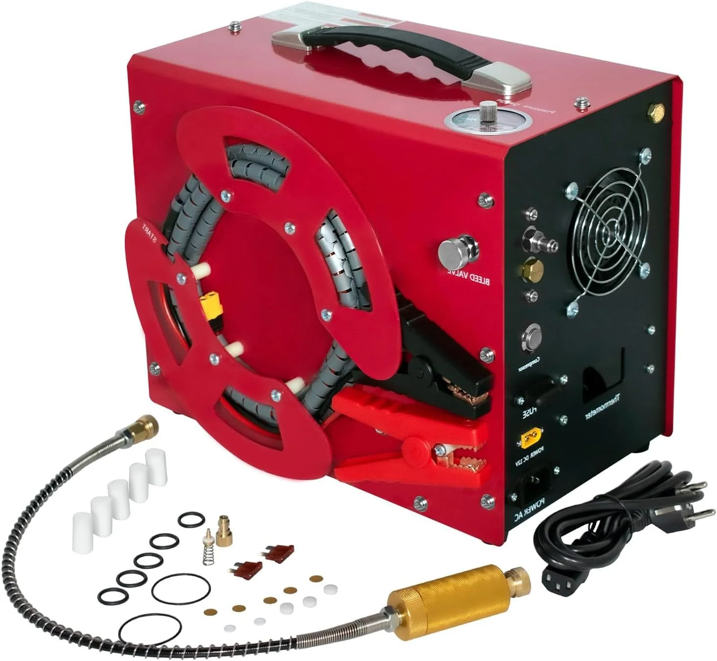 کمپرسور هوای پی سی پی MaxtiL 4640Psi، دارای مبدل/فیلتر روغن-آب داخلی، توقف خودکار، بدون روغن/آب، طراحی عمودی/قرقره سیم منحصر به فرد و قابل حمل، تغذیه شده توسط برق 12 ولت DC خودرو یا 110 ولت AC خانگی برای مخزن غواصی/پینت بال