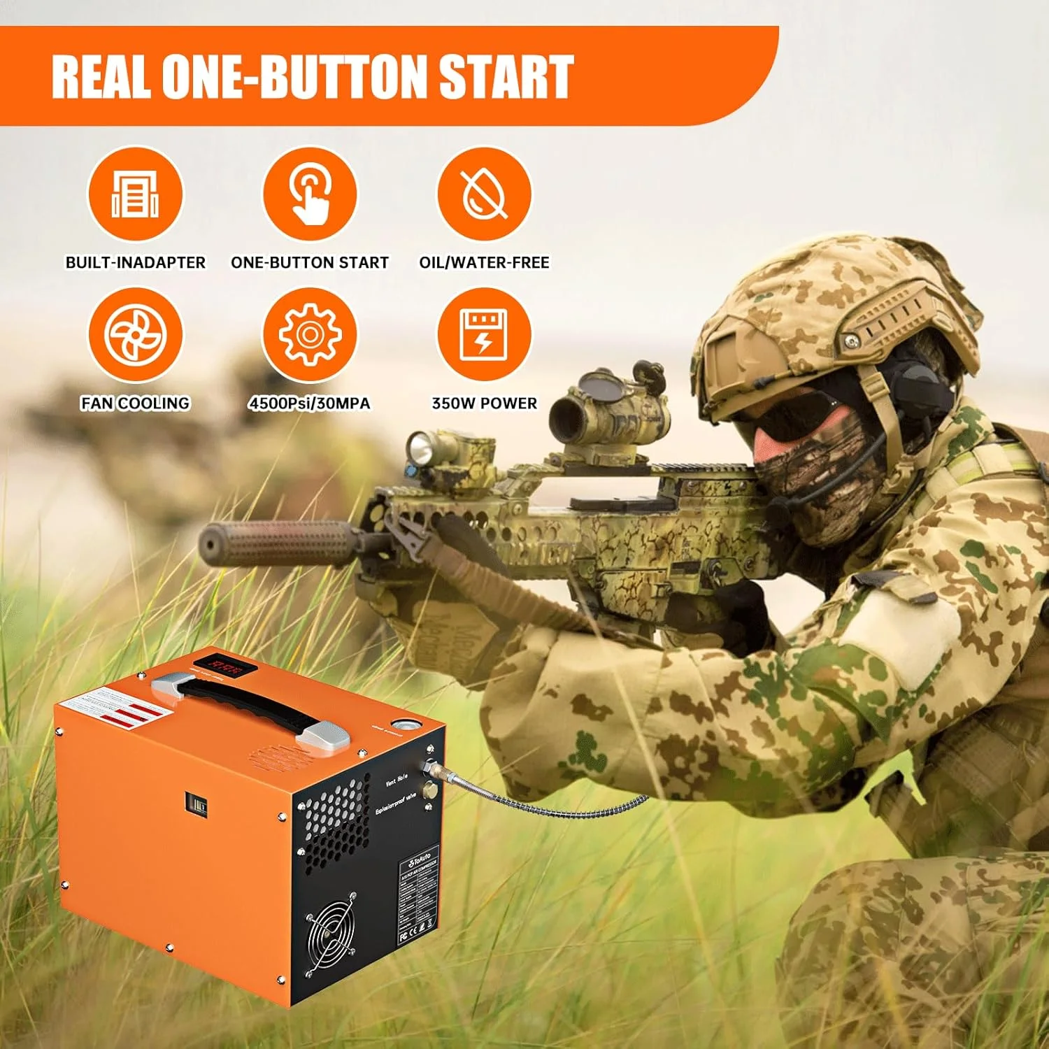 کمپرسور هوای TOAUTO A1X PCP، 4500Psi 30Mpa، بدون آب/روغن، شروع با یک دکمه، دارای دیسک ترکیدگی، با قابلیت تغذیه از برق 12 ولت DC خودرو یا برق 110 ولت AC خانگی (A1X)