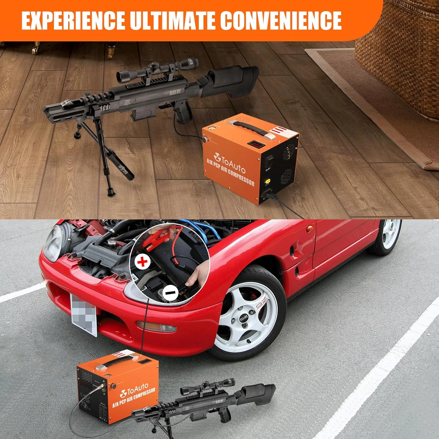 کمپرسور هوای TOAUTO A1X PCP، 4500Psi 30Mpa، بدون آب/روغن، شروع با یک دکمه، دارای دیسک ترکیدگی، با قابلیت تغذیه از برق 12 ولت DC خودرو یا برق 110 ولت AC خانگی (A1X)