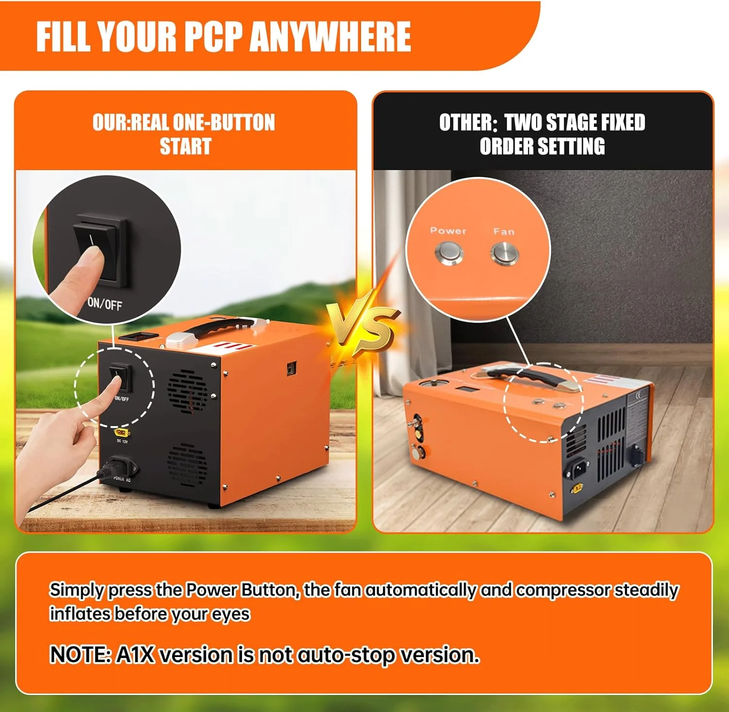 کمپرسور هوای TOAUTO A1X PCP، 4500Psi 30Mpa، بدون آب/روغن، شروع با یک دکمه، دارای دیسک ترکیدگی، با قابلیت تغذیه از برق 12 ولت DC خودرو یا برق 110 ولت AC خانگی (A1X)