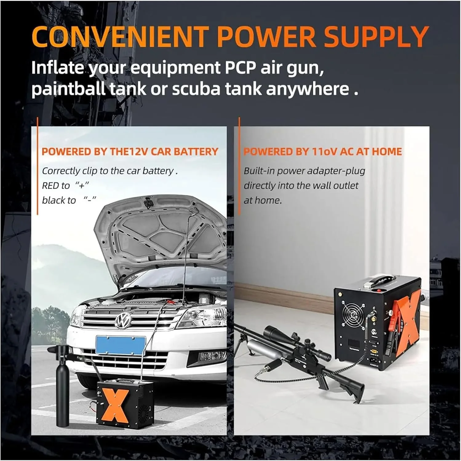 کمپرسور هوای PCP 30Mpa، پمپ فشار قوی قابل حمل با توقف خودکار، تغذیه شده توسط خودرو 12 ولت DC یا خانه 110 ولت - 240 ولت AC، پمپ هوای چند منظوره برای تفنگ بادی