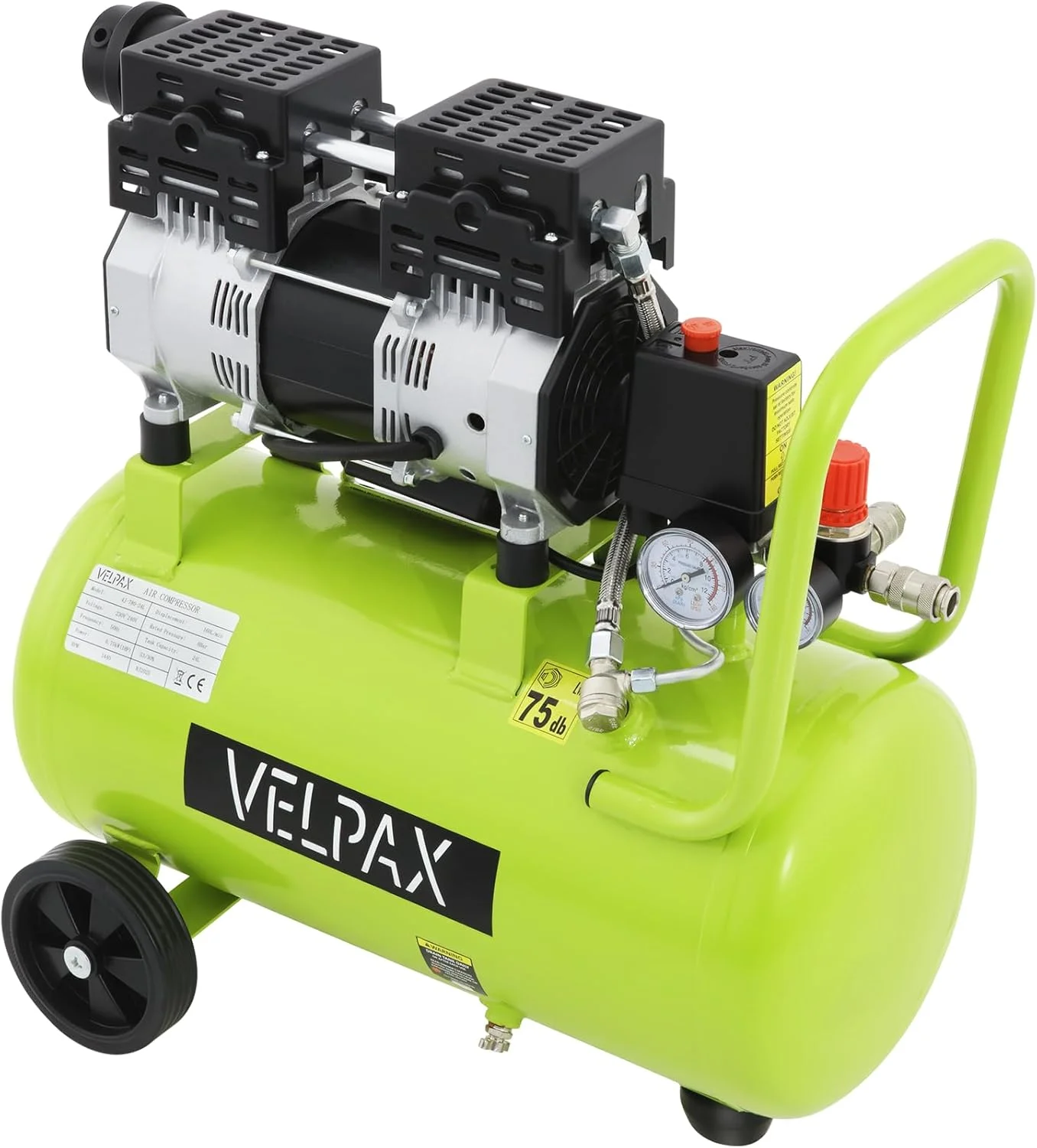 کمپرسور هوا 24 لیتری 0.75 کیلووات/1 اسب بخار، موتور بدون روغن، عملکرد بی صدا 75 دسی بل، حداکثر فشار 115 PSI، فشارسنج دقیق، قابل حمل با دسته و چرخ های لاستیکی