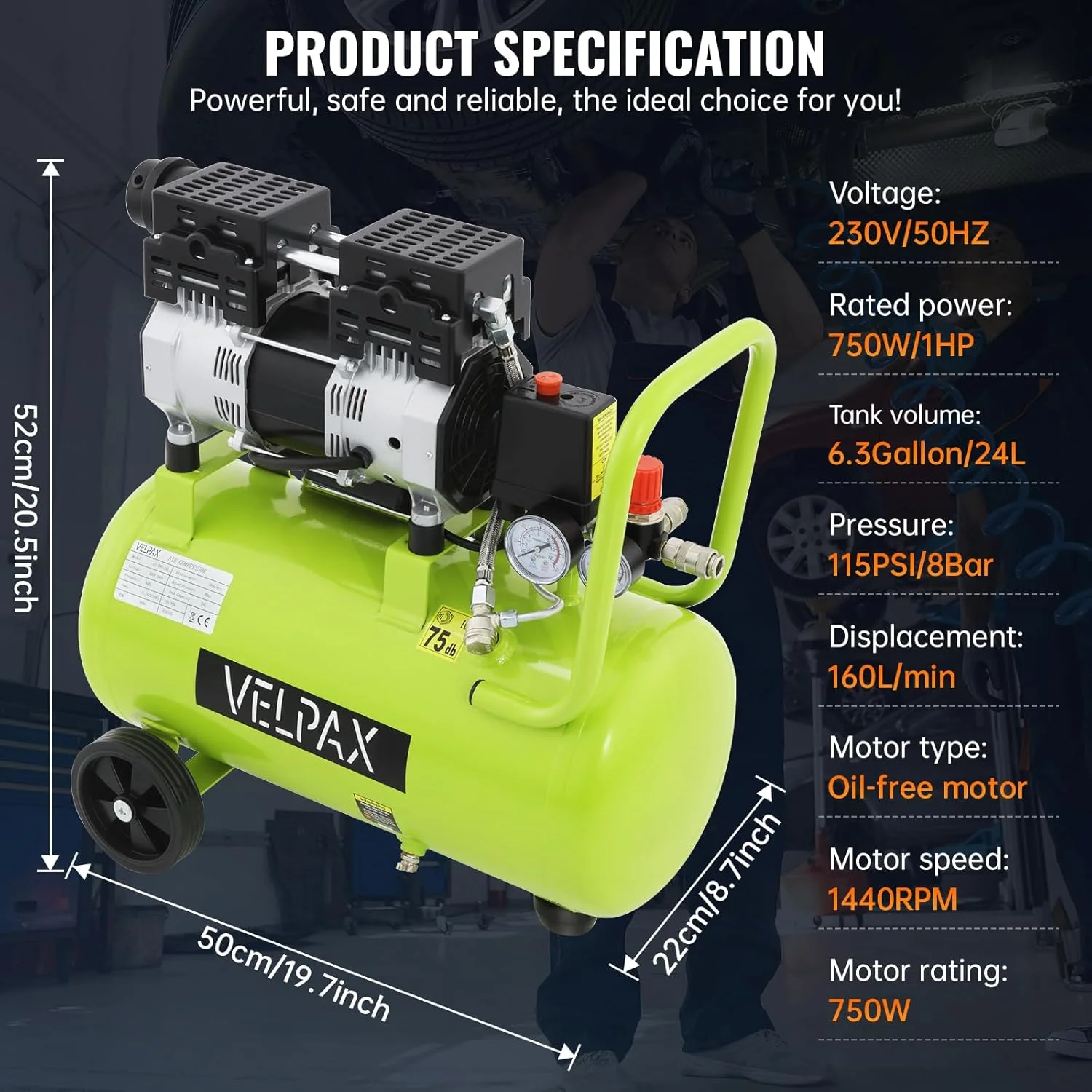 کمپرسور هوا 24 لیتری 0.75 کیلووات/1 اسب بخار، موتور بدون روغن، عملکرد بی صدا 75 دسی بل، حداکثر فشار 115 PSI، فشارسنج دقیق، قابل حمل با دسته و چرخ های لاستیکی