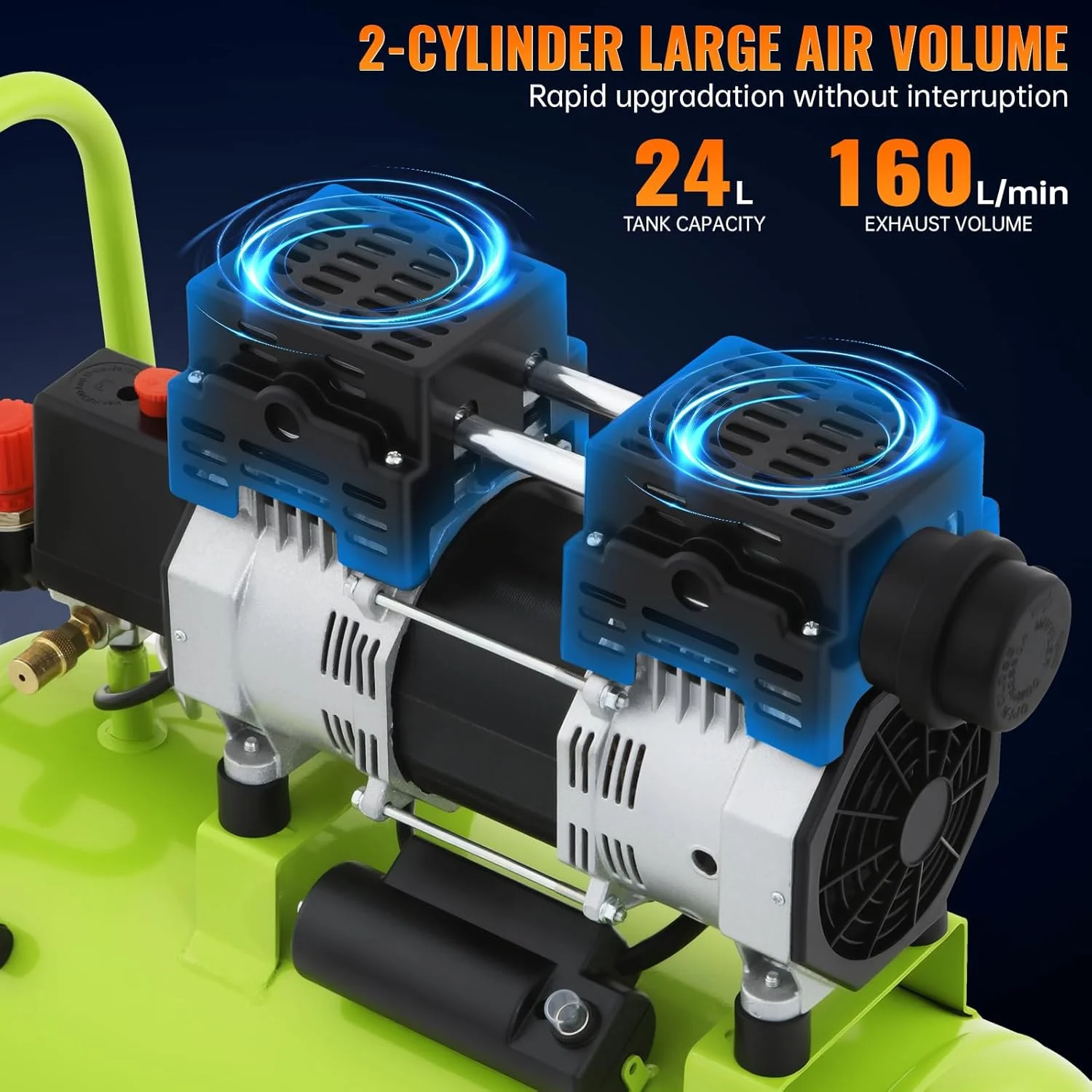 کمپرسور هوا 24 لیتری 0.75 کیلووات/1 اسب بخار، موتور بدون روغن، عملکرد بی صدا 75 دسی بل، حداکثر فشار 115 PSI، فشارسنج دقیق، قابل حمل با دسته و چرخ های لاستیکی