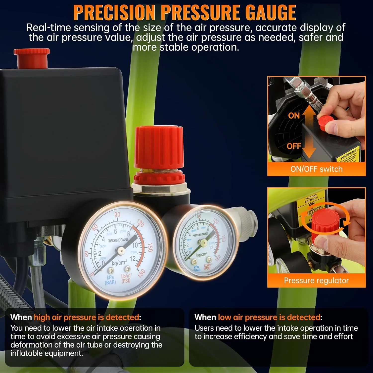 کمپرسور هوا 24 لیتری 0.75 کیلووات/1 اسب بخار، موتور بدون روغن، عملکرد بی صدا 75 دسی بل، حداکثر فشار 115 PSI، فشارسنج دقیق، قابل حمل با دسته و چرخ های لاستیکی