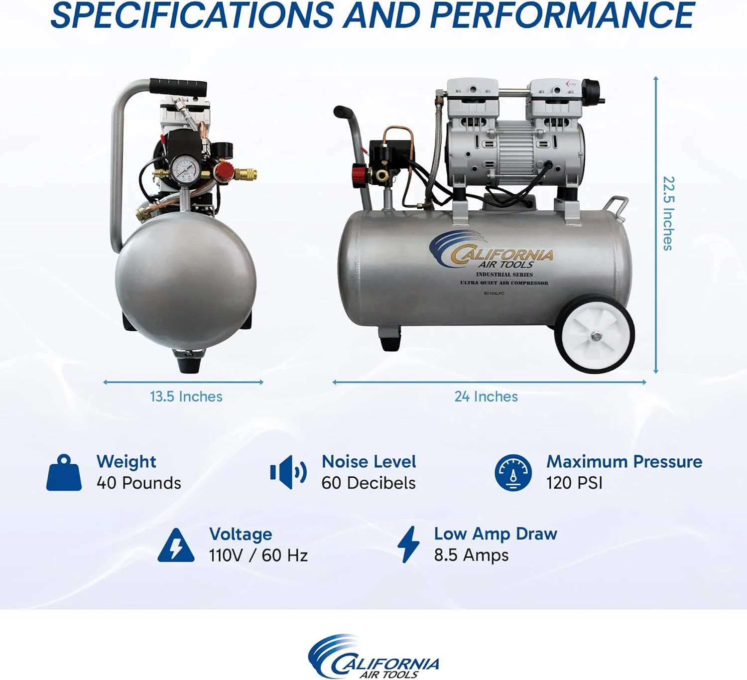 کمپرسور هوای فوق العاده بی صدا و بدون روغن کالیفرنیا ایر تولز مدل 8010ALFC با مخزن آلومینیومی 8.0 گالن و موتور 1.0 اسب بخار کمپرسور هوای فوق العاده بی صدا و بدون روغن کالیفرنیا ایر تولز مدل 8010ALFC با مخزن آلومینیومی 8.0 گالن و موتور 1.0 اسب بخار