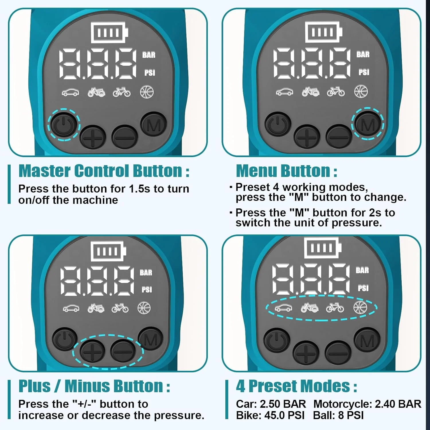 کمپرسور باتری EID، پمپ باد بی سیم برای باتری سیستم 18 ولت Bosch Professional، پمپ هوای برقی، کمپرسور هوای قابل حمل 150 PSI با نشانگر فشار دیجیتال LED برای ماشین، موتور سیکلت، دوچرخه