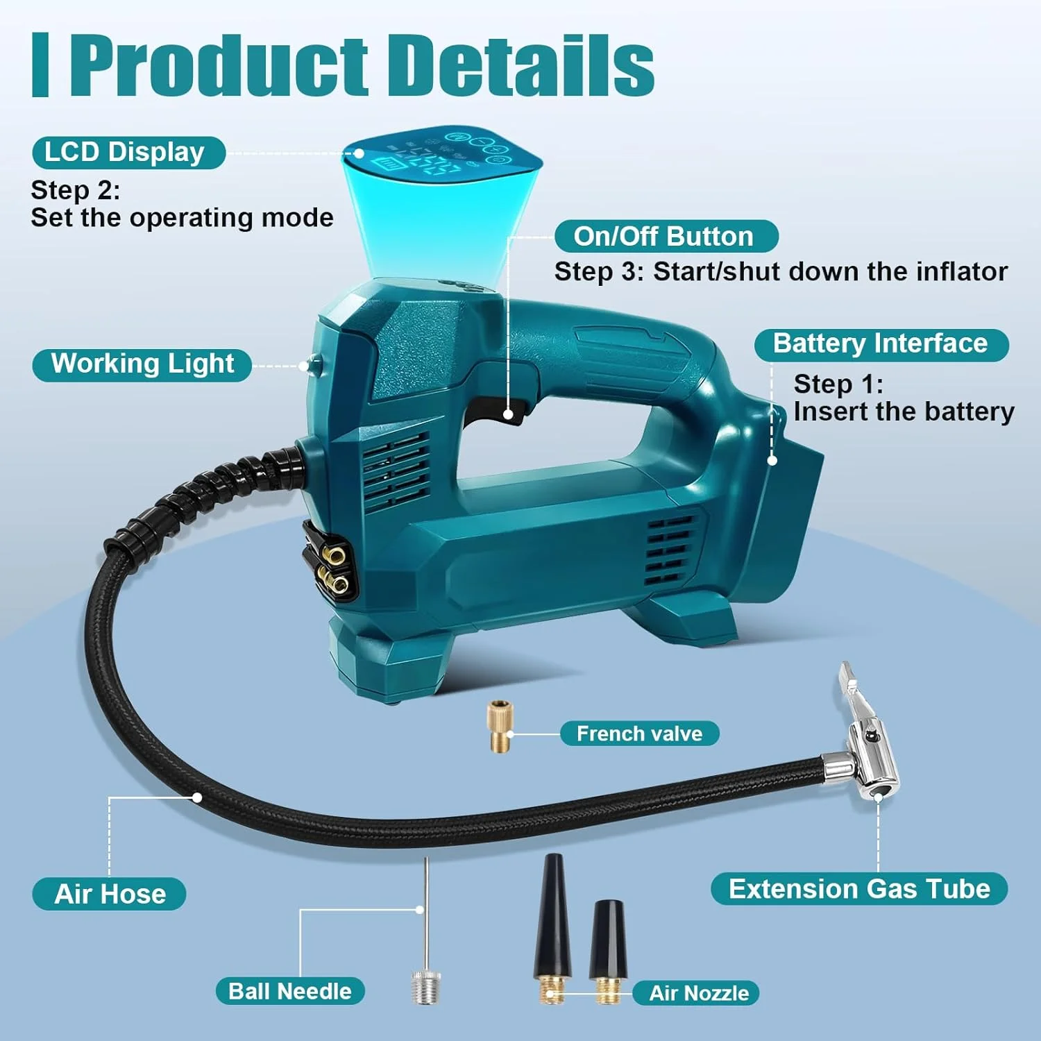 کمپرسور باتری EID، پمپ باد بی سیم برای باتری سیستم 18 ولت Bosch Professional، پمپ هوای برقی، کمپرسور هوای قابل حمل 150 PSI با نشانگر فشار دیجیتال LED برای ماشین، موتور سیکلت، دوچرخه