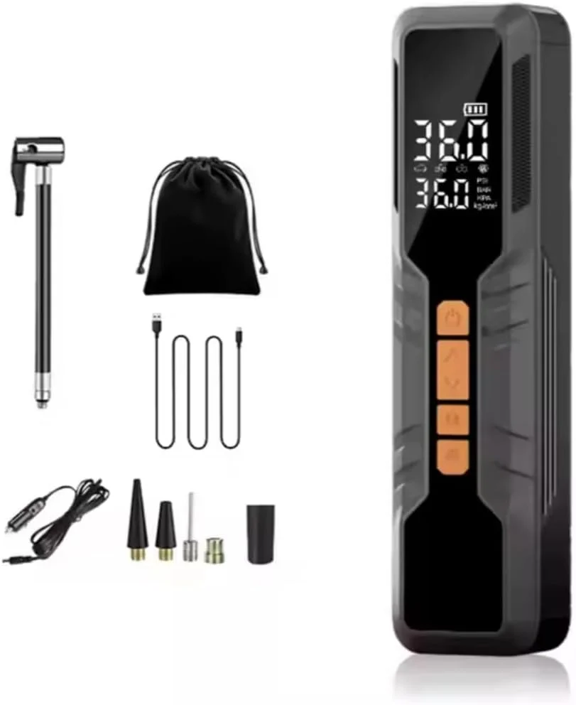 کمپرسور هوای قابل حمل Alayjah، ۱۵۰ PSI، نمایشگر LCD، باتری های قابل شارژ ۶۰۰۰mAh، نرخ جریان ۲۰ لیتر در دقیقه، چراغ های اضطراری قرمز و سفید ۱۱۱۰۰۱۲۰