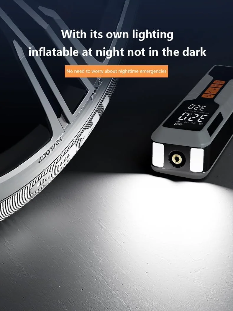 کمپرسور هوای قابل حمل Alayjah، ۱۵۰ PSI، نمایشگر LCD، باتری های قابل شارژ ۶۰۰۰mAh، نرخ جریان ۲۰ لیتر در دقیقه، چراغ های اضطراری قرمز و سفید ۱۱۱۰۰۱۲۰